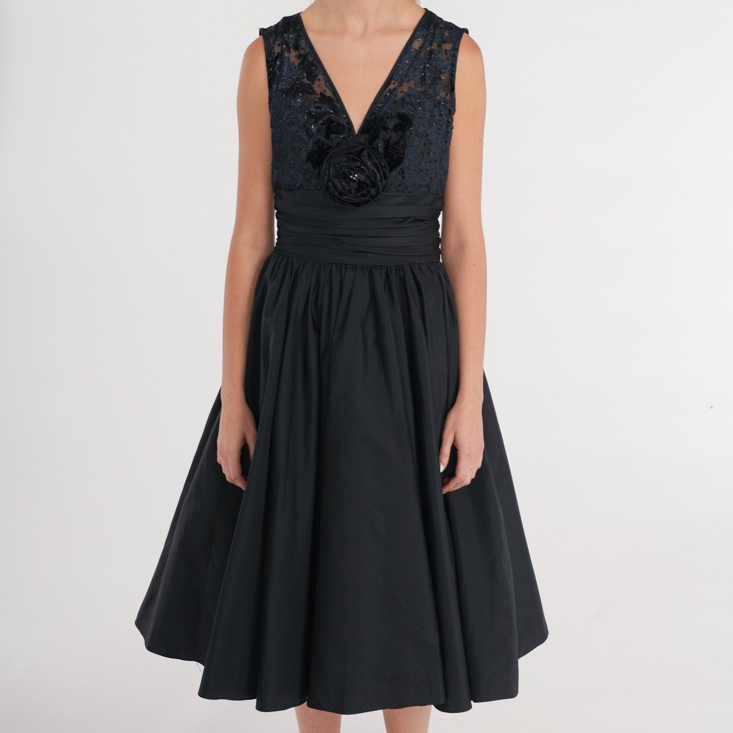 80s Black Velvet Burnout Midi Dress Beaded Rosette V-Neck Lace-Up Back Small