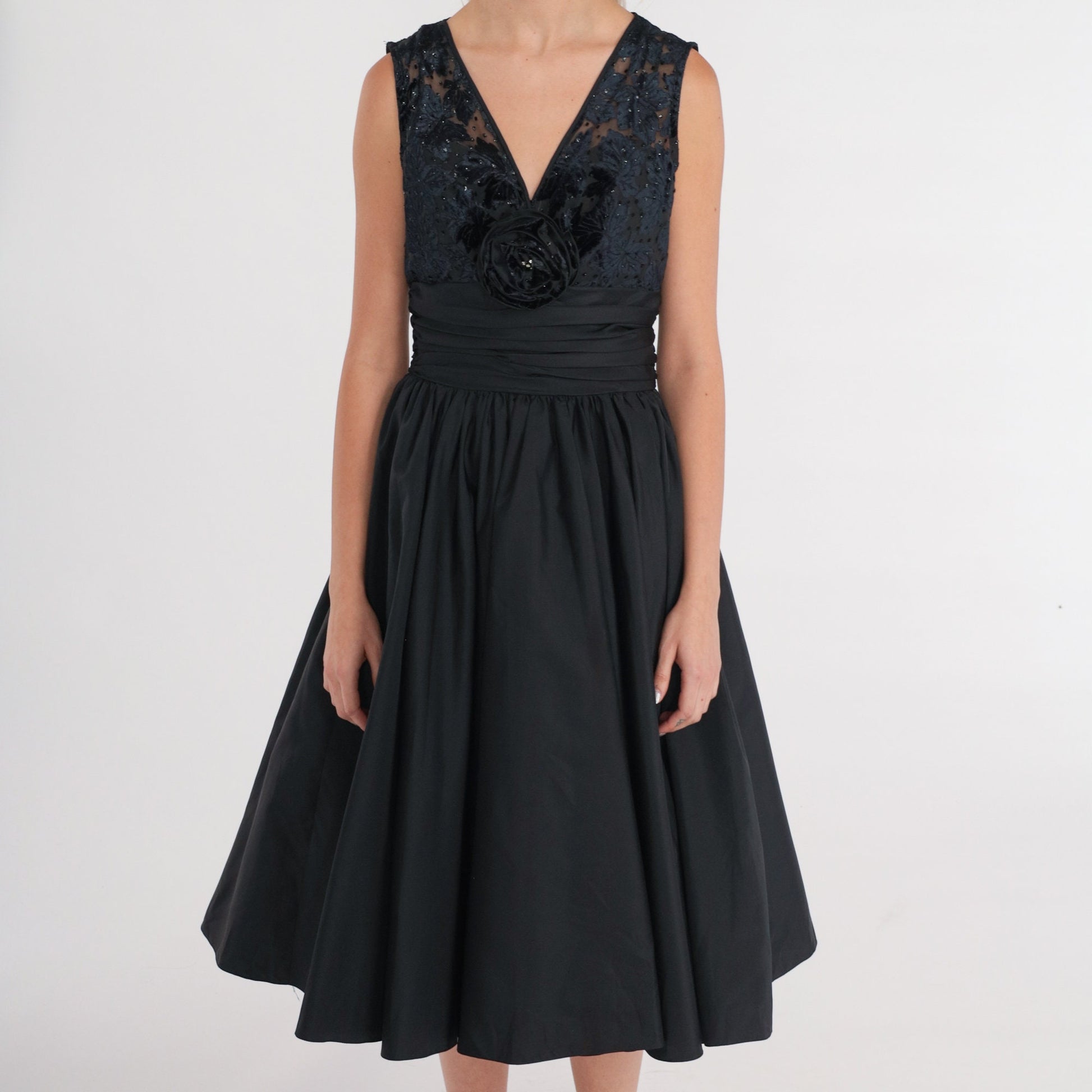 80s Black Velvet Burnout Midi Dress Beaded Rosette V-Neck Lace-Up Back Small