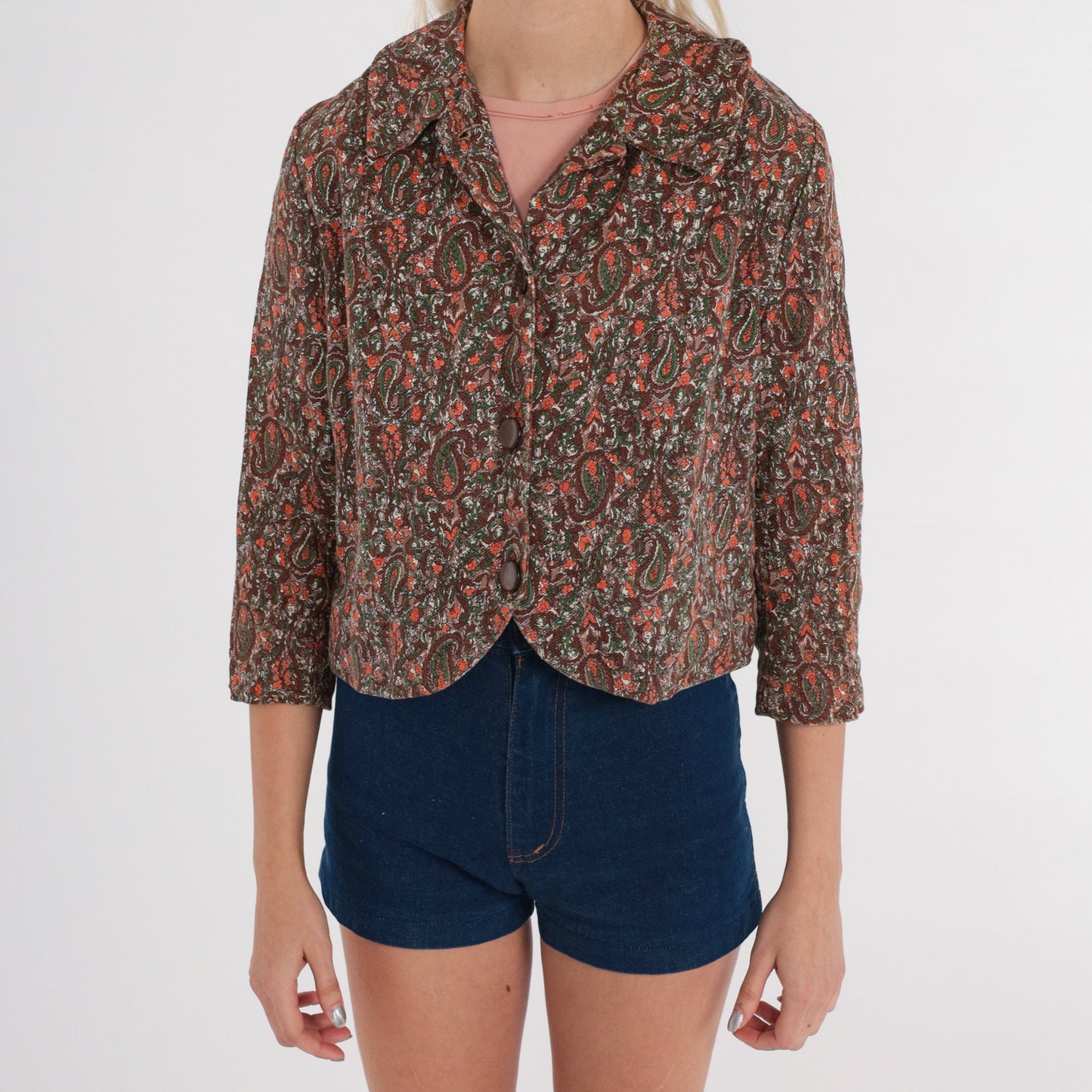 60s Paisley Cropped Jacket 3/4 Sleeve Button Up Brown Orange Green Extra Small