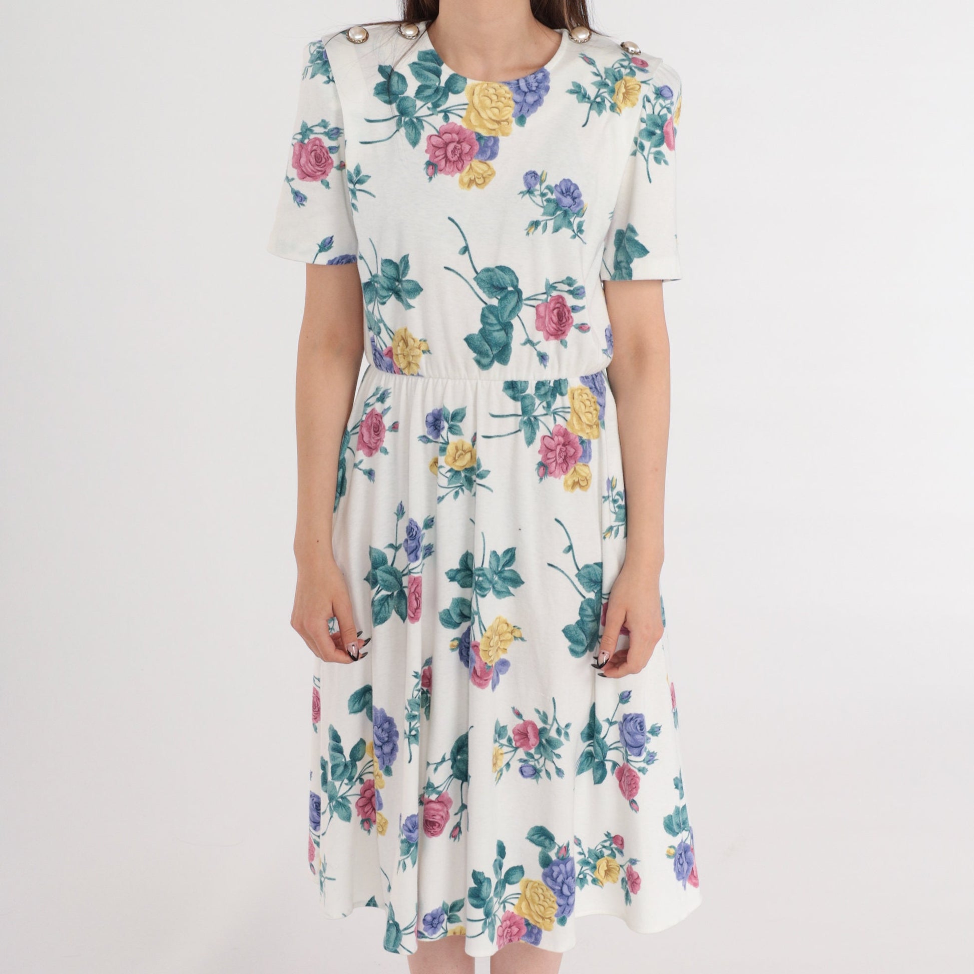 80s White Floral Midi Dress High Waist Puff Sleeve Button Shoulder Small