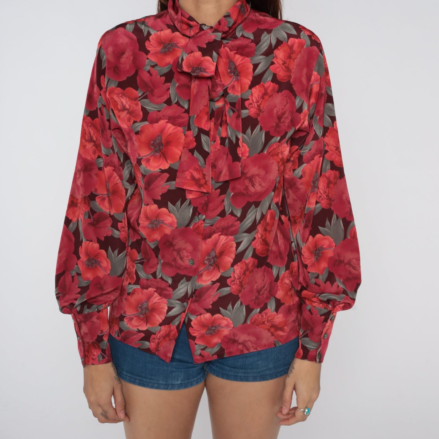 80s Jaeger Floral Ascot Blouse Red Button-Up Long Sleeve Small