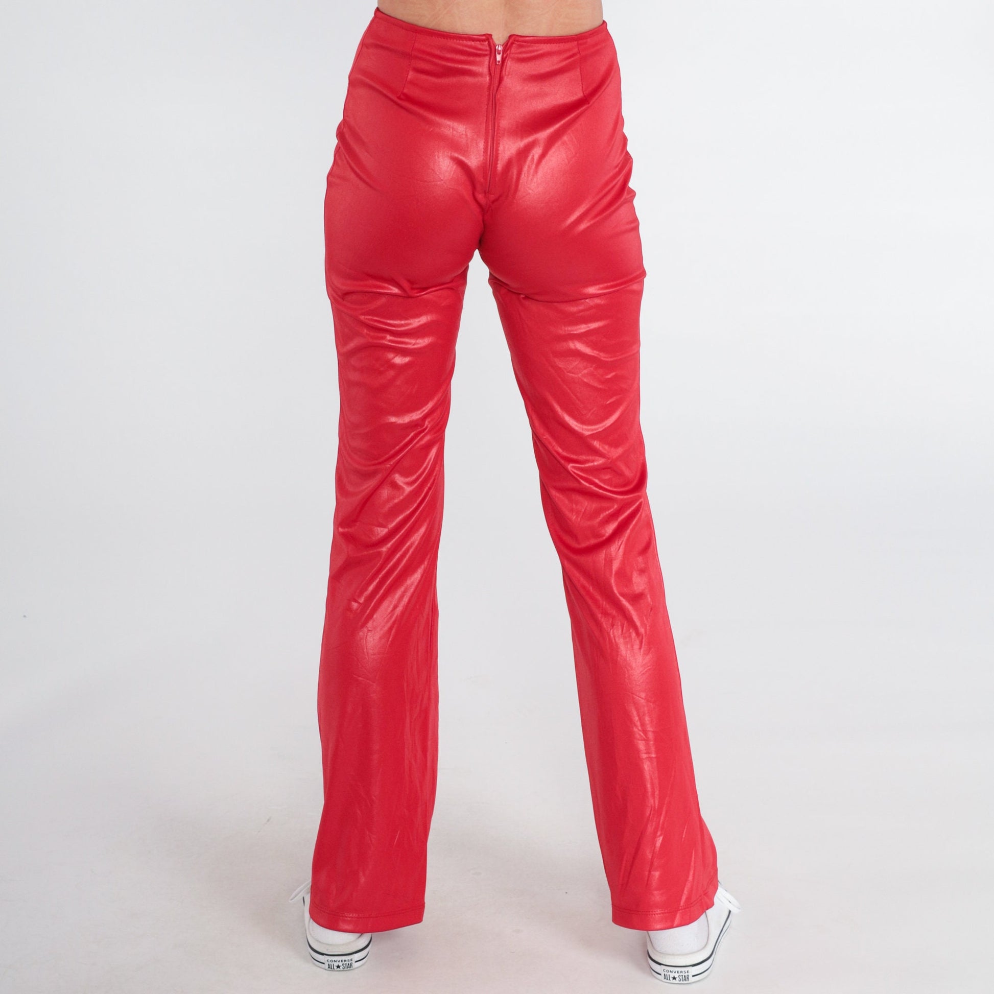 90s Red Shiny Low Rise Flared Trousers Extra Small XS