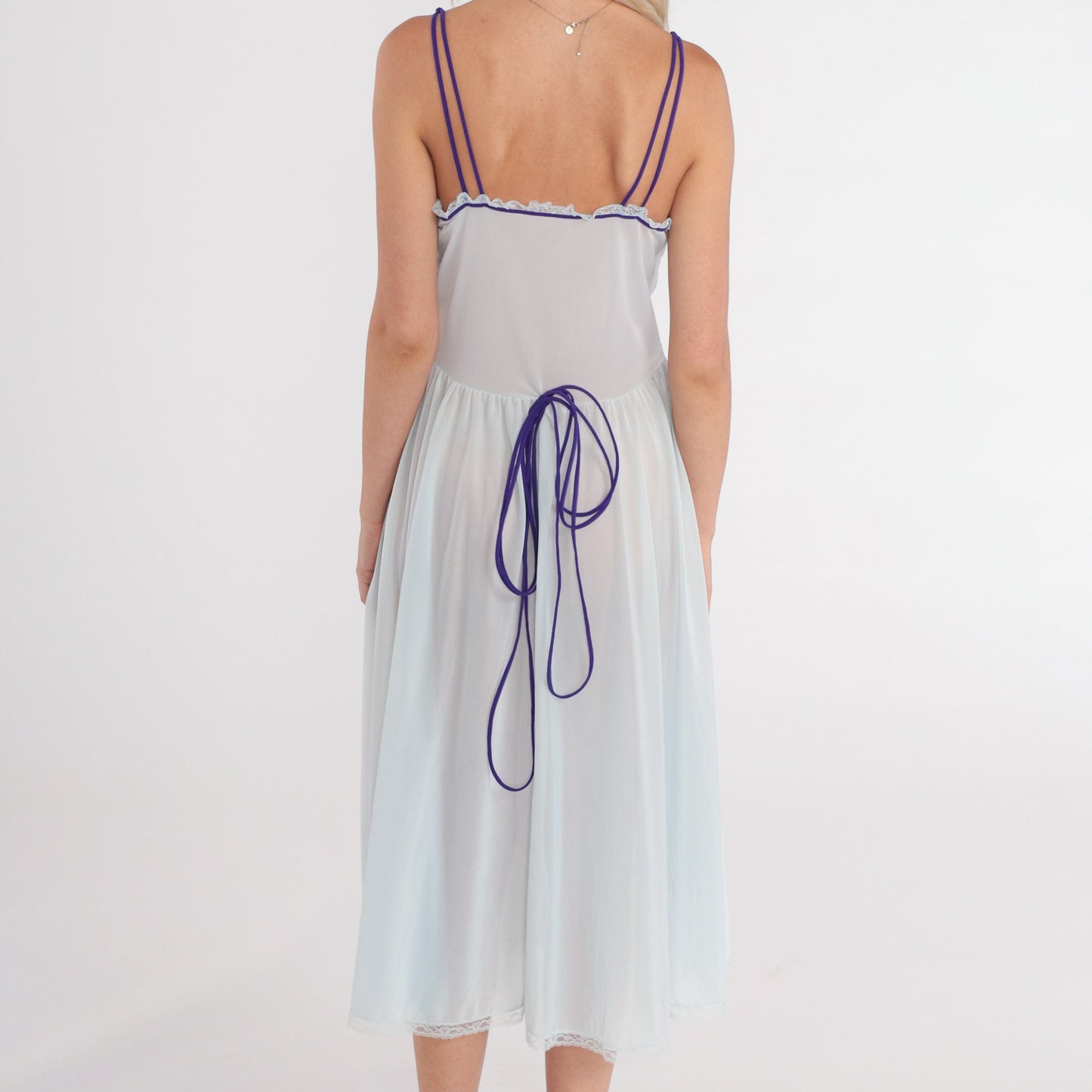 70s Sheer Blue Nightgown Floral Embroidered Lace Trim Empire Waist Midi Small