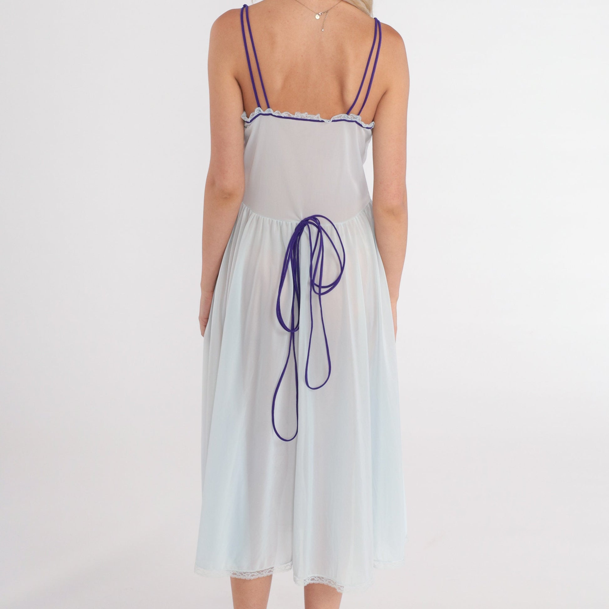 70s Sheer Blue Nightgown Floral Embroidered Lace Trim Empire Waist Midi Small