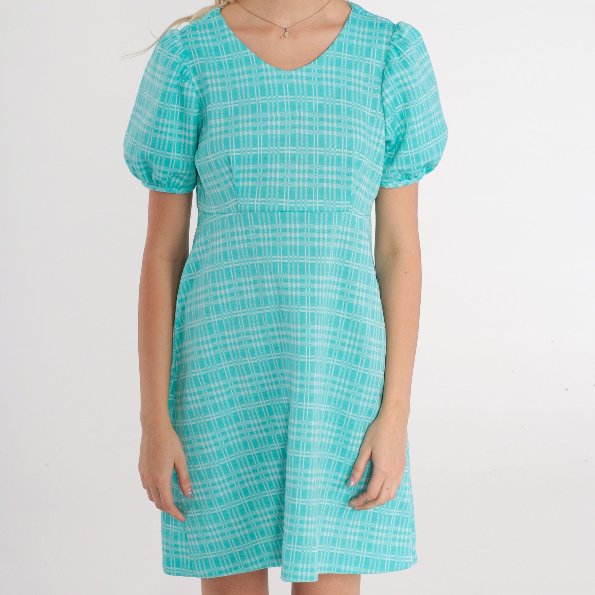 60s Blue Checkered Babydoll Dress Empire Waist Puff Sleeve Mini Small