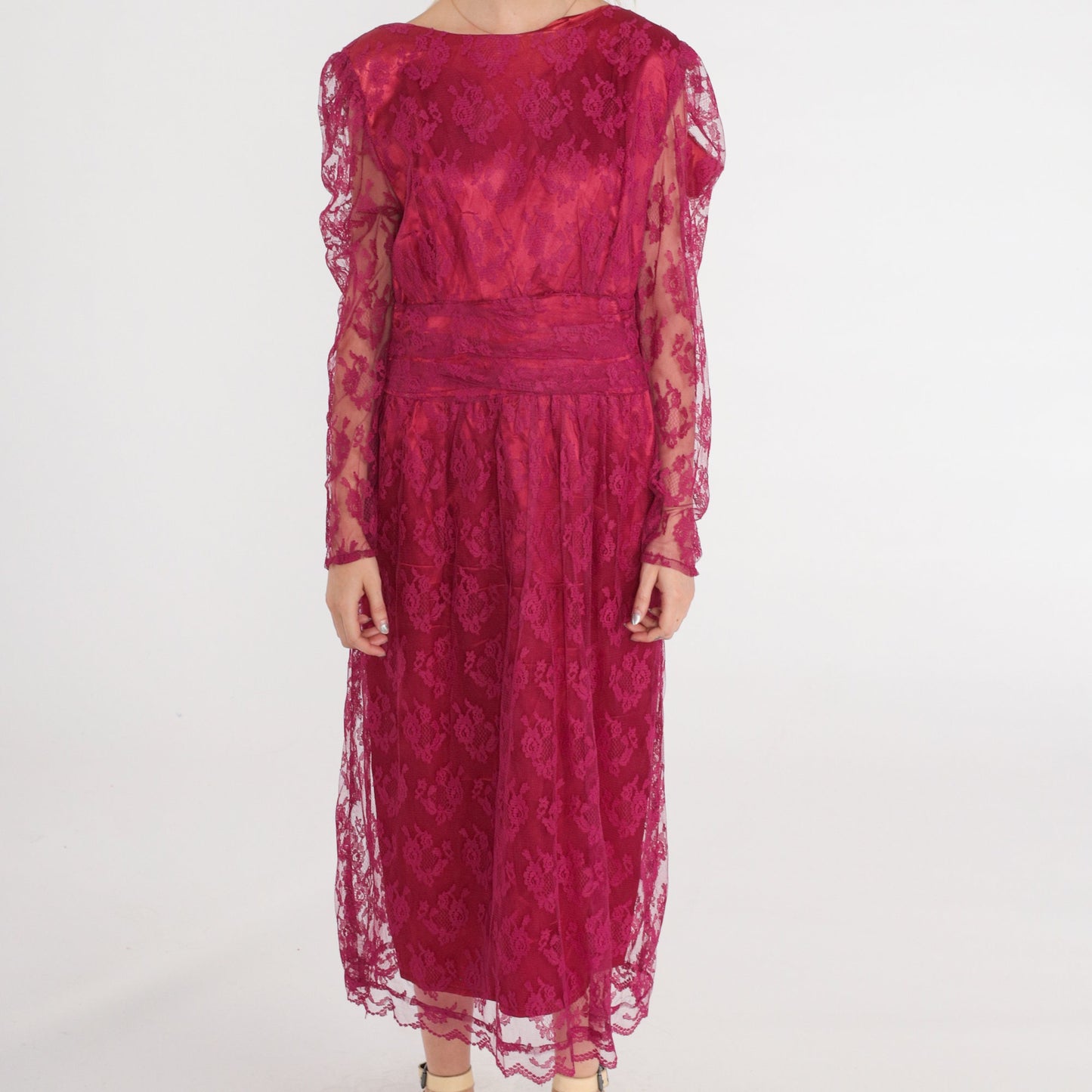 70s Raspberry Lace Midi Dress Puff Sleeve High Waist Low Back Medium