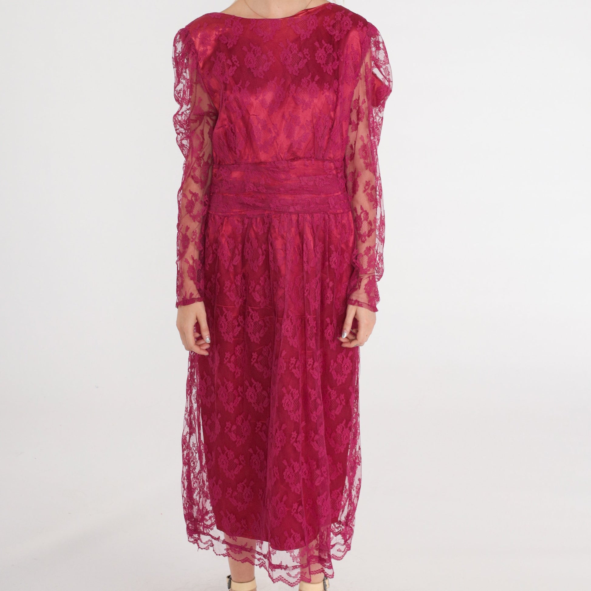 70s Raspberry Lace Midi Dress Puff Sleeve High Waist Low Back Medium