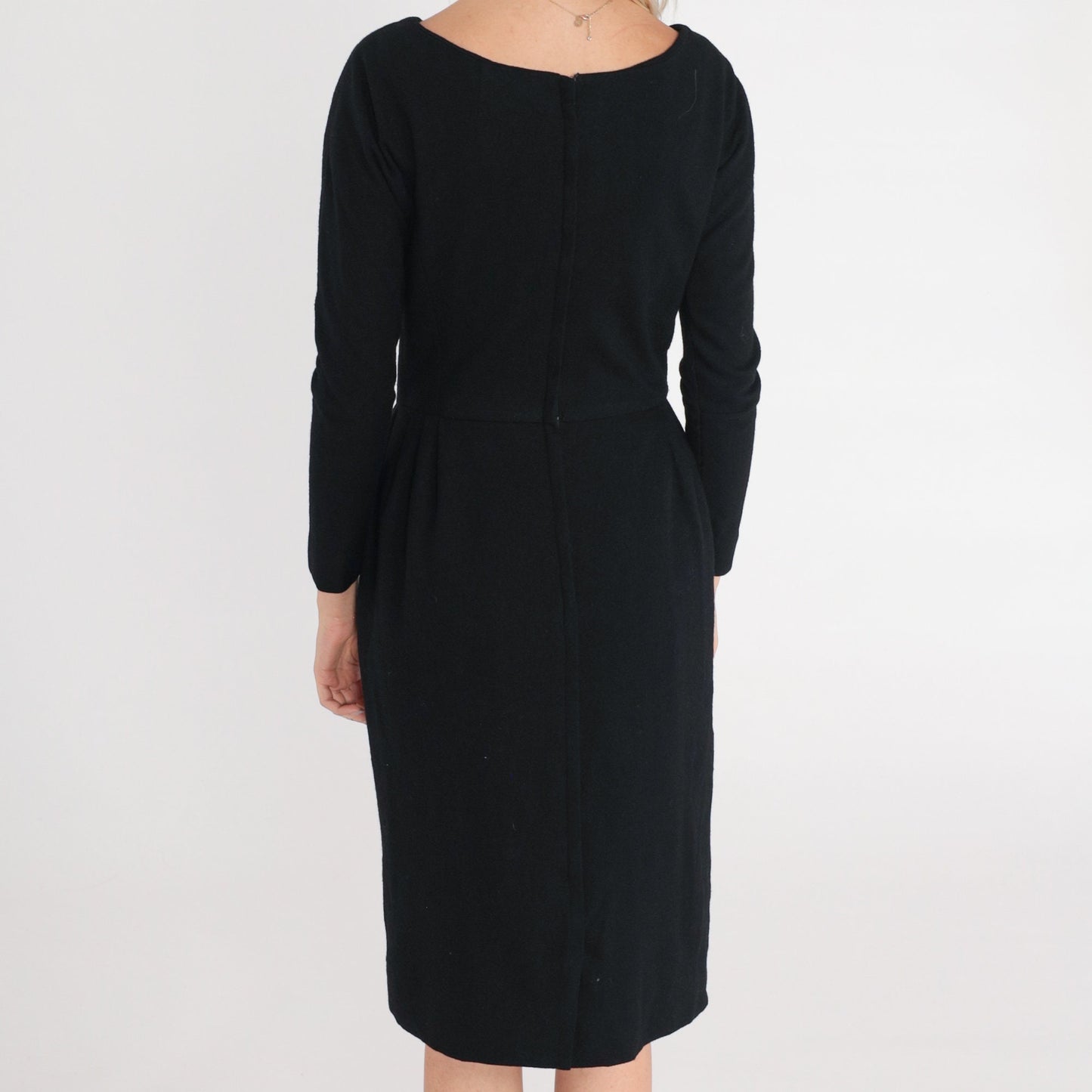 60s Black Wool Sheath Dress V Neck Long Sleeve Knee Length Extra Small