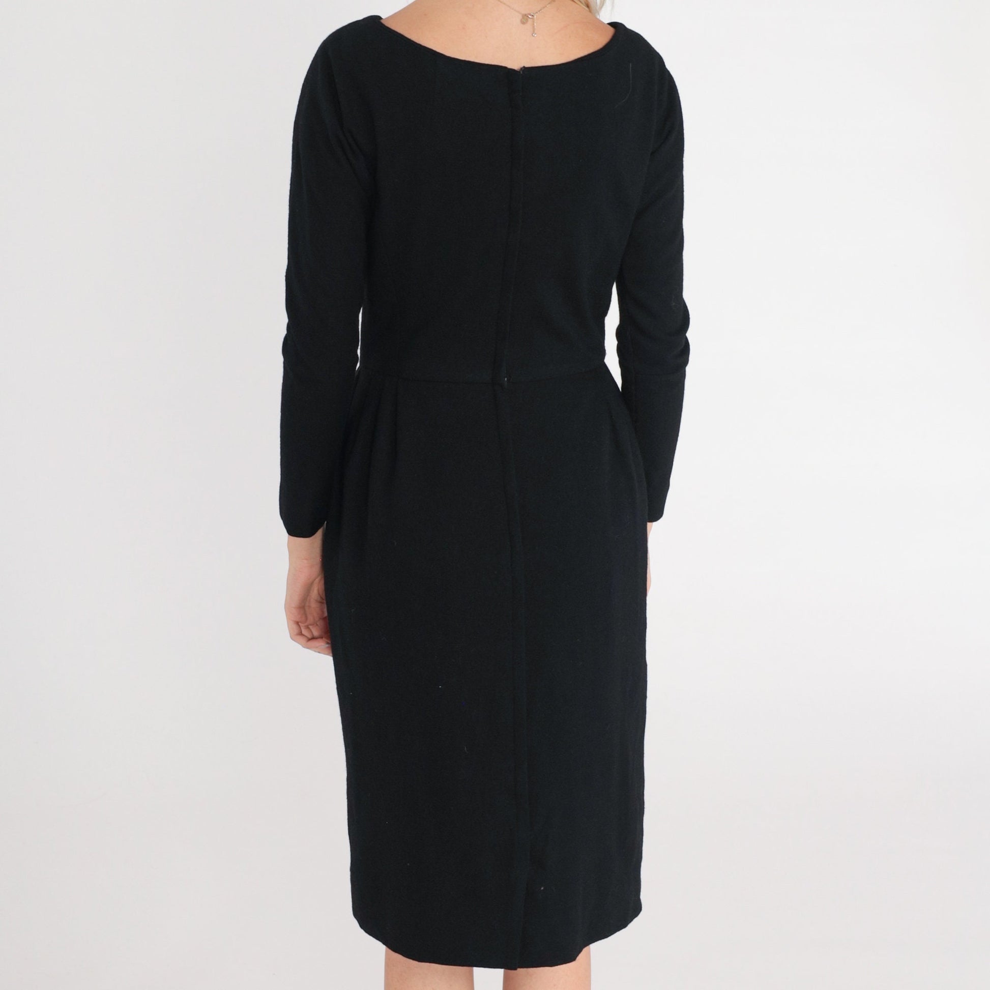 60s Black Wool Sheath Dress V Neck Long Sleeve Knee Length Extra Small