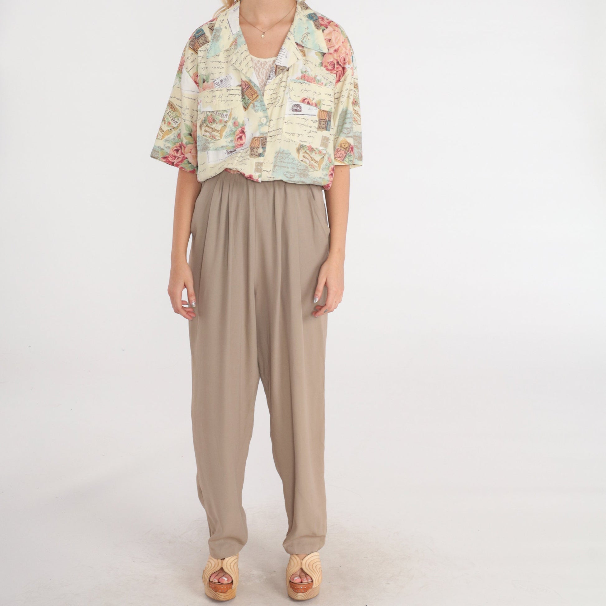 80s Jumpsuit Abstract Floral Rose Print High-Waisted Tapered Tan Medium Large