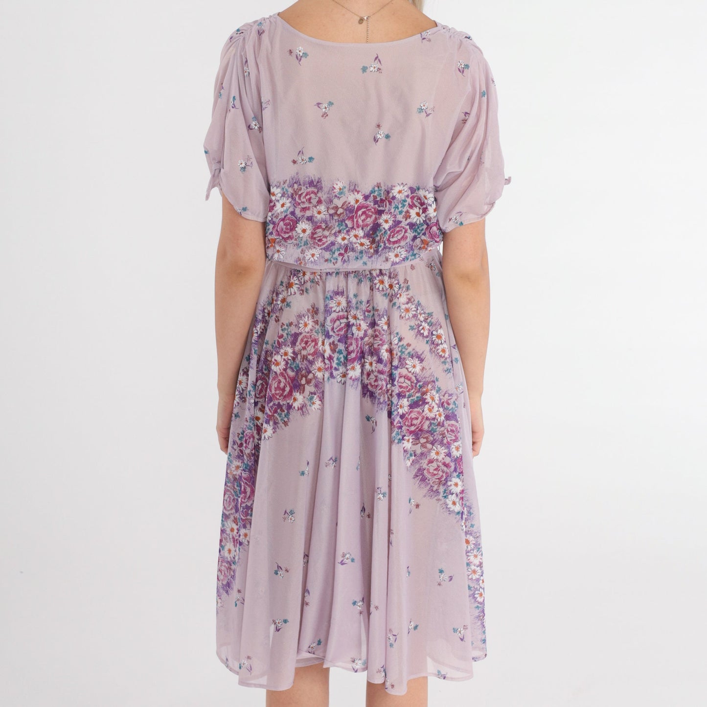 70s Lavender Floral Midi Dress High Waisted Sheer Purple Small Medium