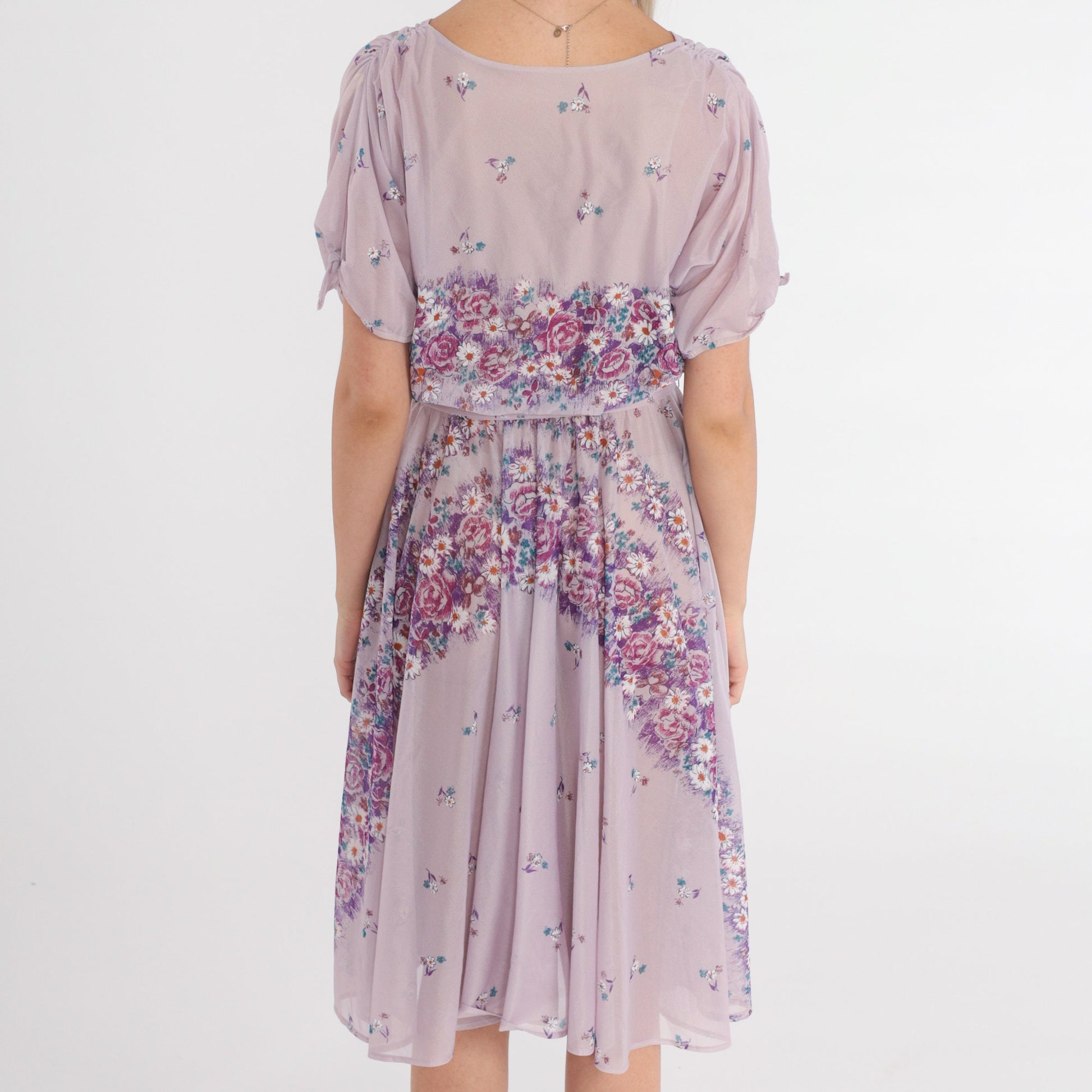 70s Lavender Floral Midi Dress High Waisted Sheer Purple Small Medium