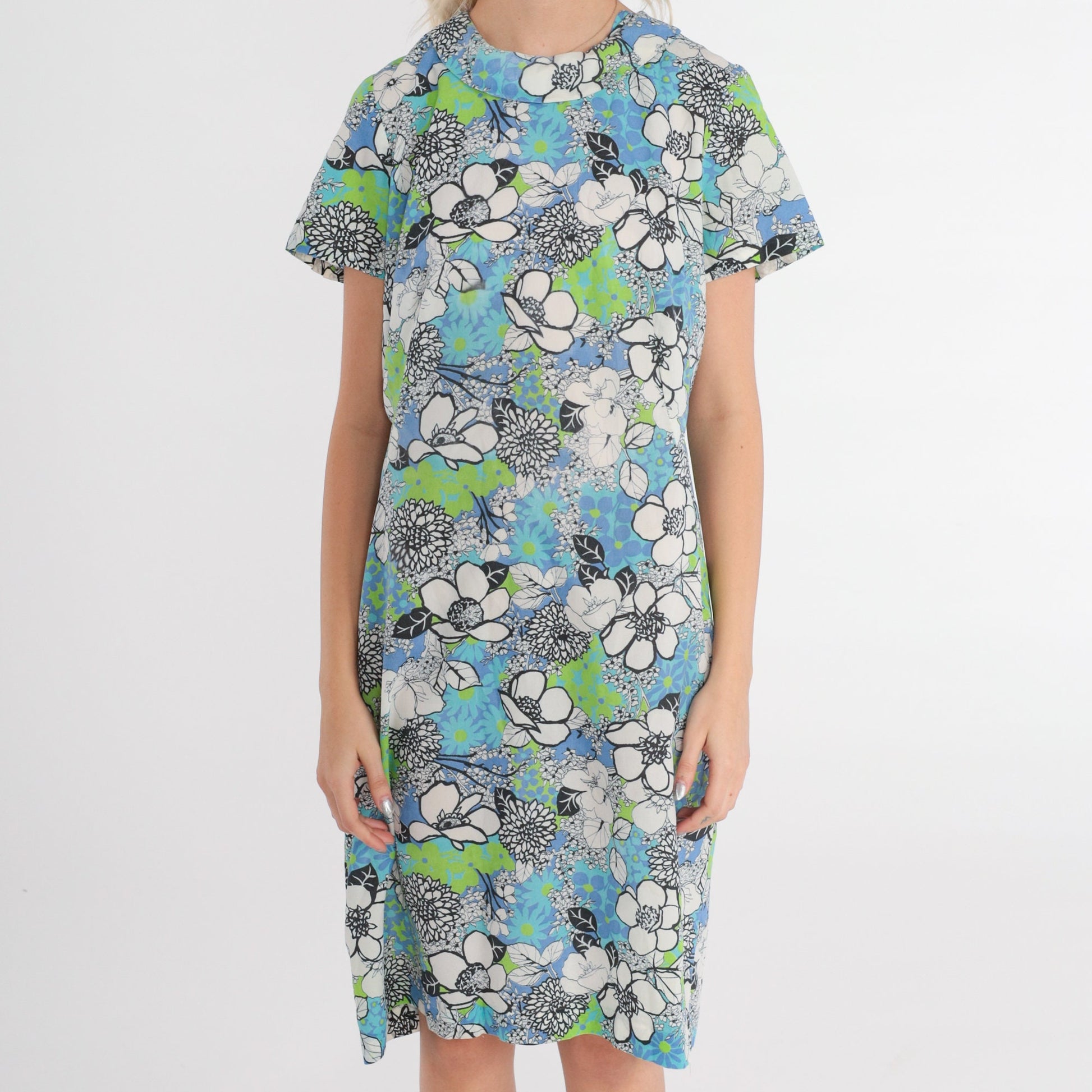 60s Floral Print Shift Dress Mini Blue Green Mod Round Collar Medium