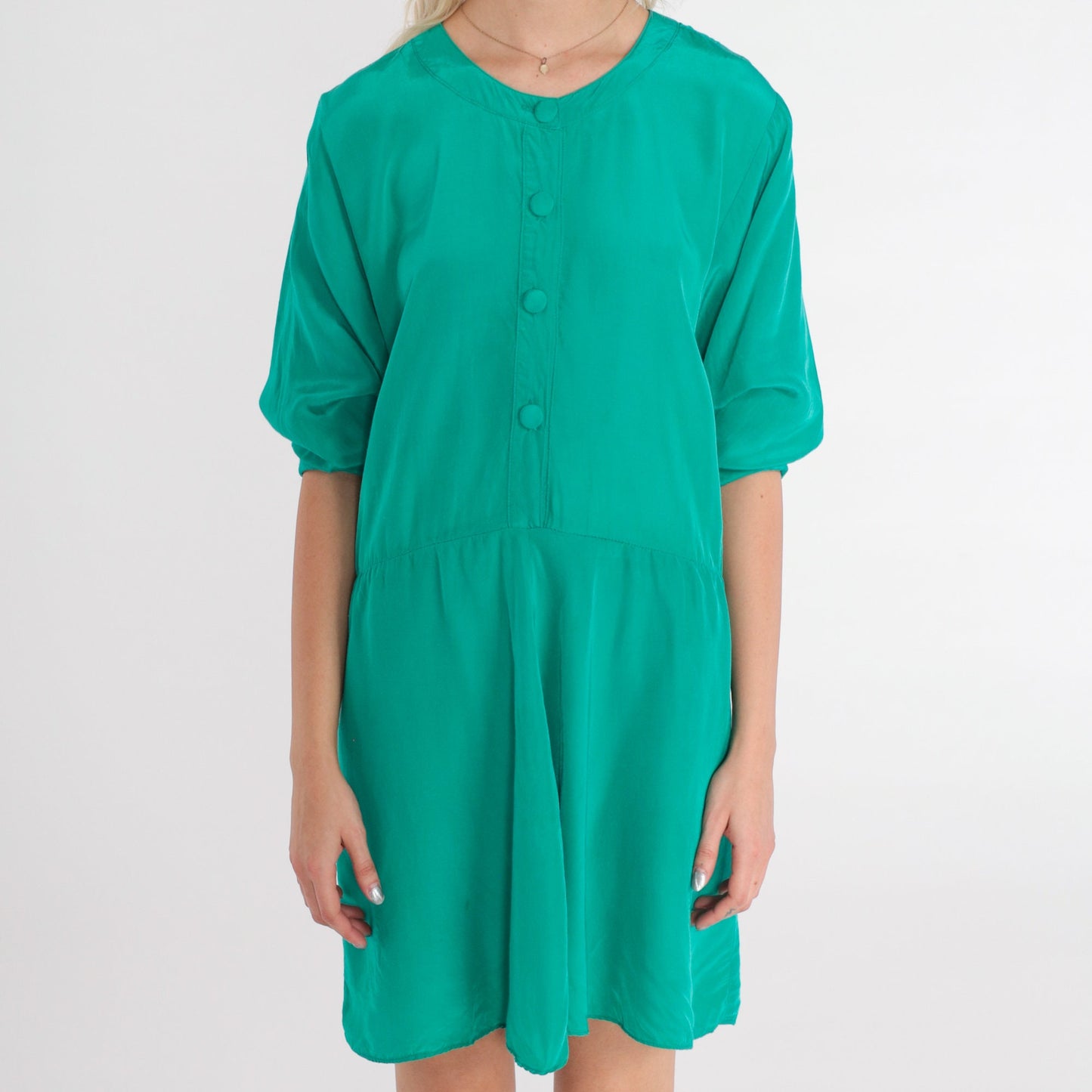 90s Nina Piccalina Green Mini Dress Button-Up Short Sleeve Medium