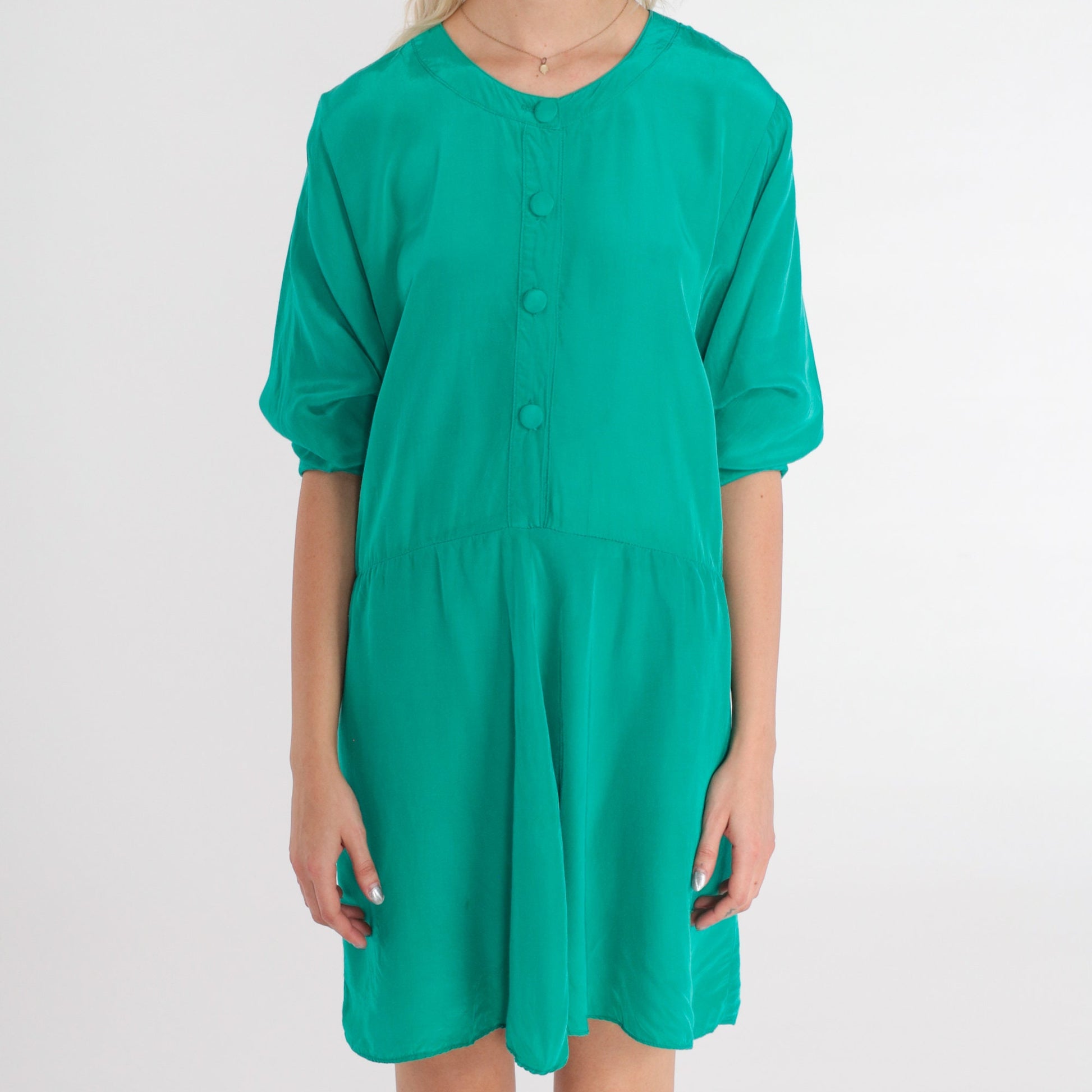 90s Nina Piccalina Green Mini Dress Button-Up Short Sleeve Medium