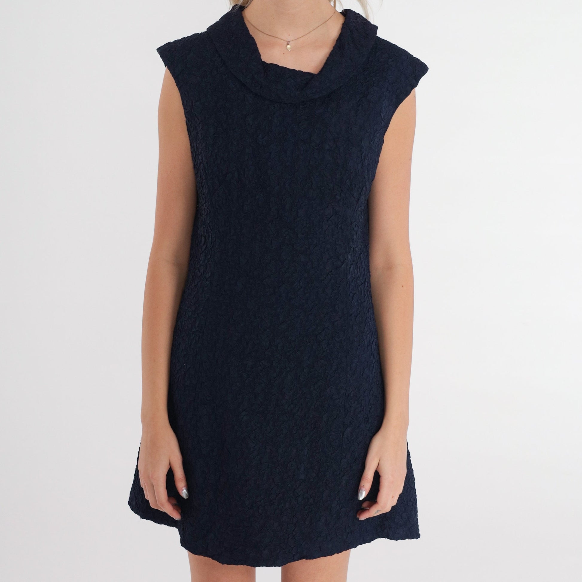 60s Navy Crinkle Shift Dress Sleeveless Cowl Neck Mini Small S