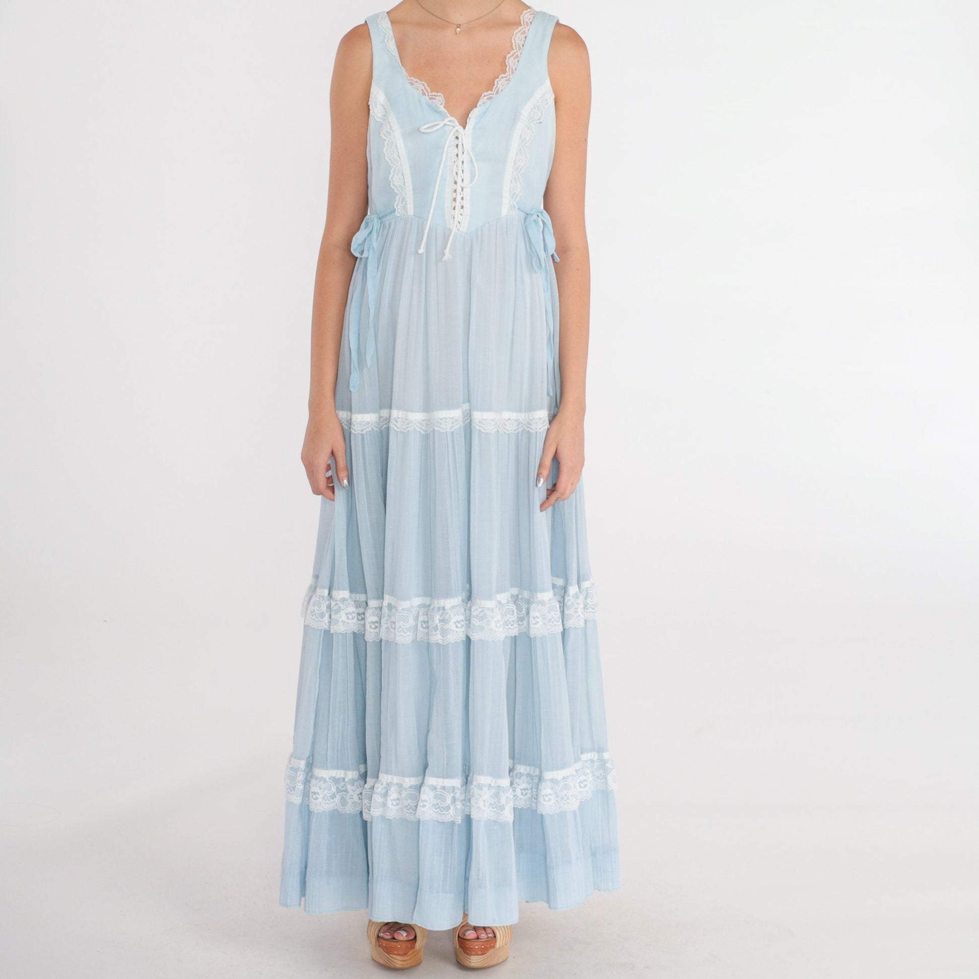 70s Gunne Sax Baby Blue Maxi Dress Lace-Up Bodice Tiered Small