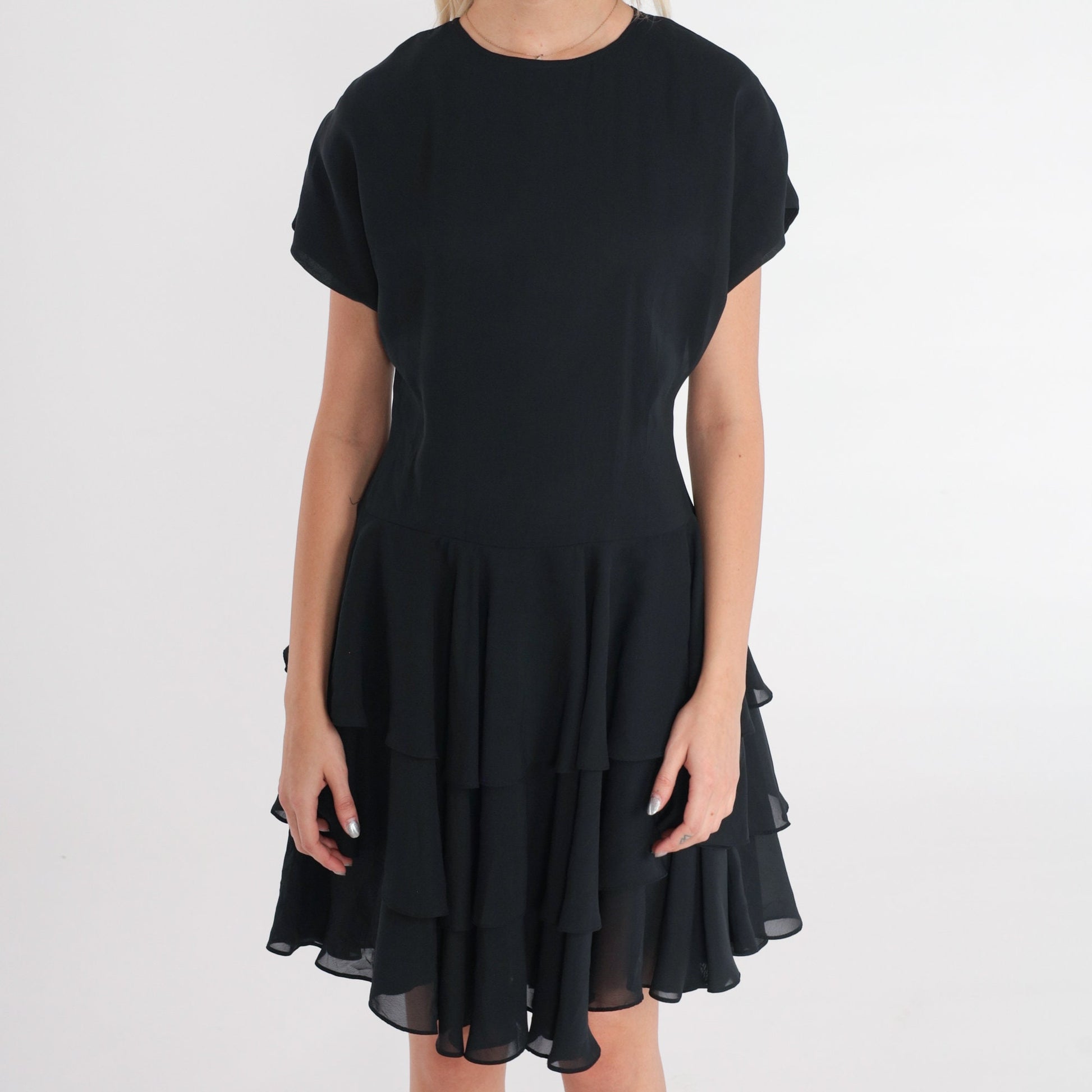 80s Jodi of California Black Mini Dress Ruffled Tiered Skirt Short Sleeve Small