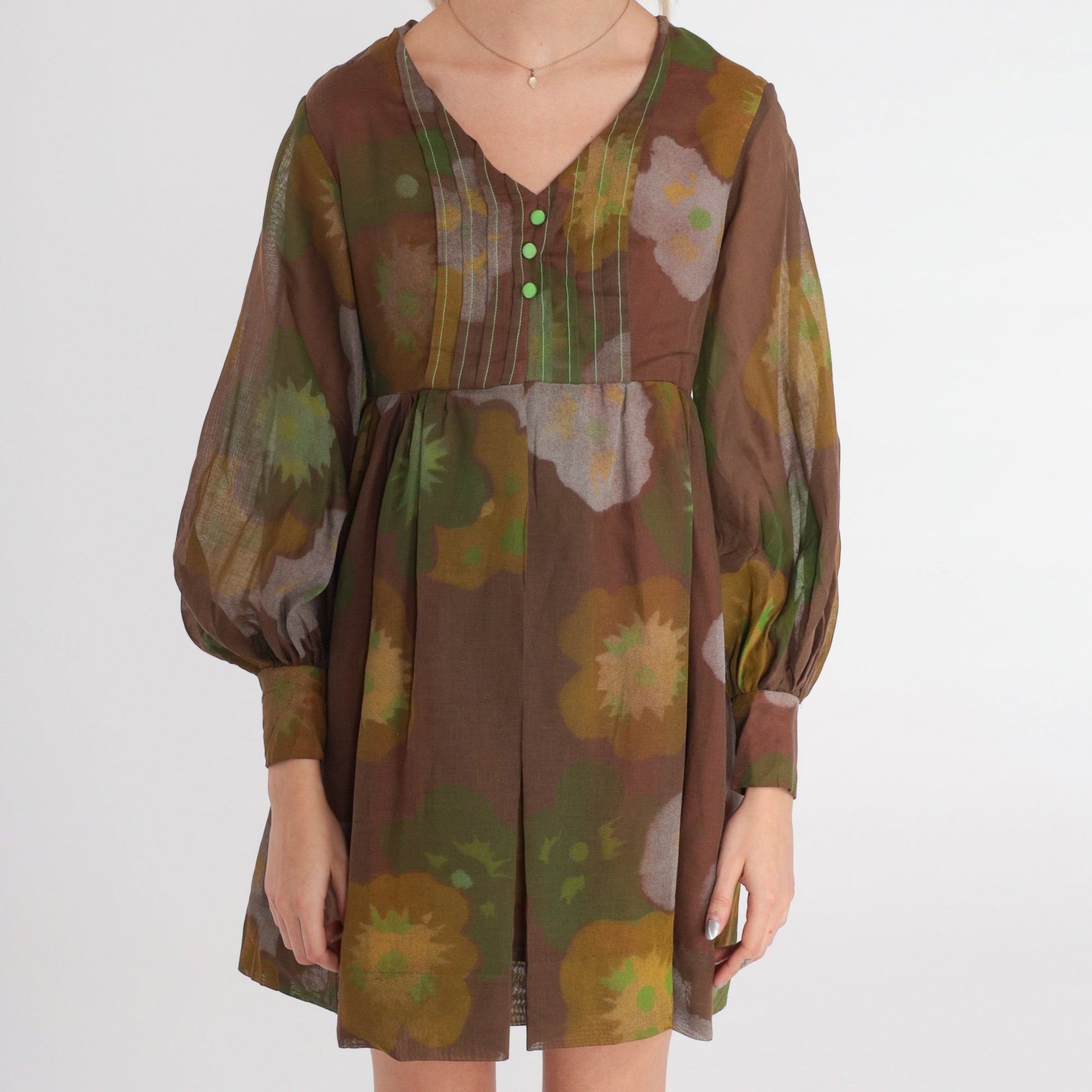 60s Brown Floral Babydoll Dress Mini Empire Waist Balloon Sleeve Extra Small