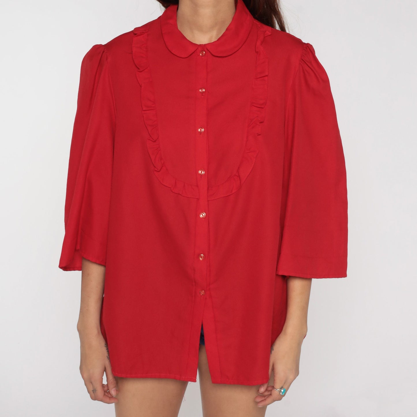 80s Red Ruffle Bib Blouse Peter Pan Collar Puff Sleeve Button Up Large