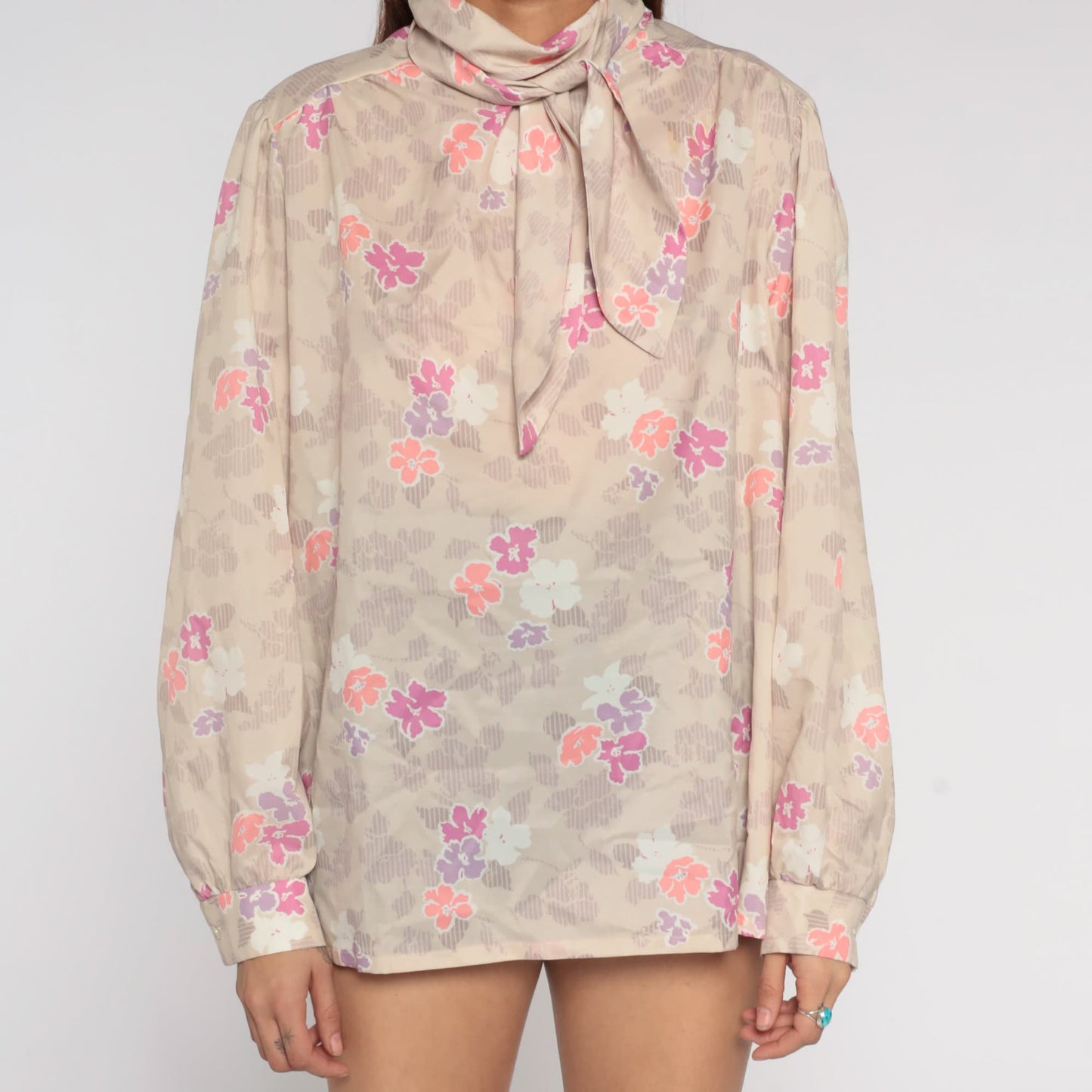 70s Floral Ascot Blouse Beige Neck Tie Long Sleeve Shirt Extra Large XXL