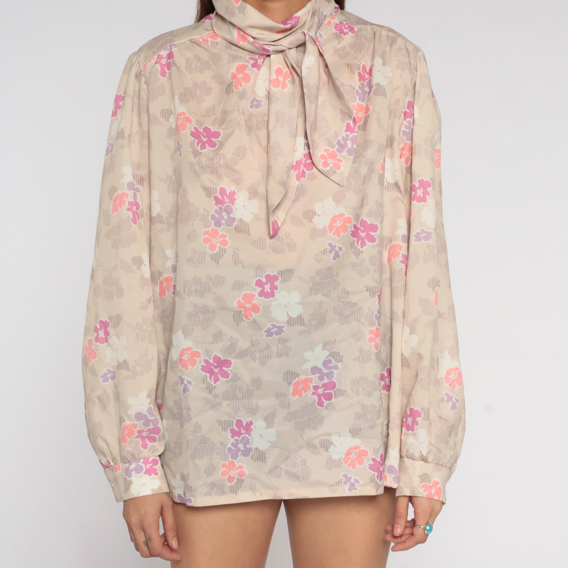 70s Floral Ascot Blouse Beige Neck Tie Long Sleeve Shirt Extra Large XXL