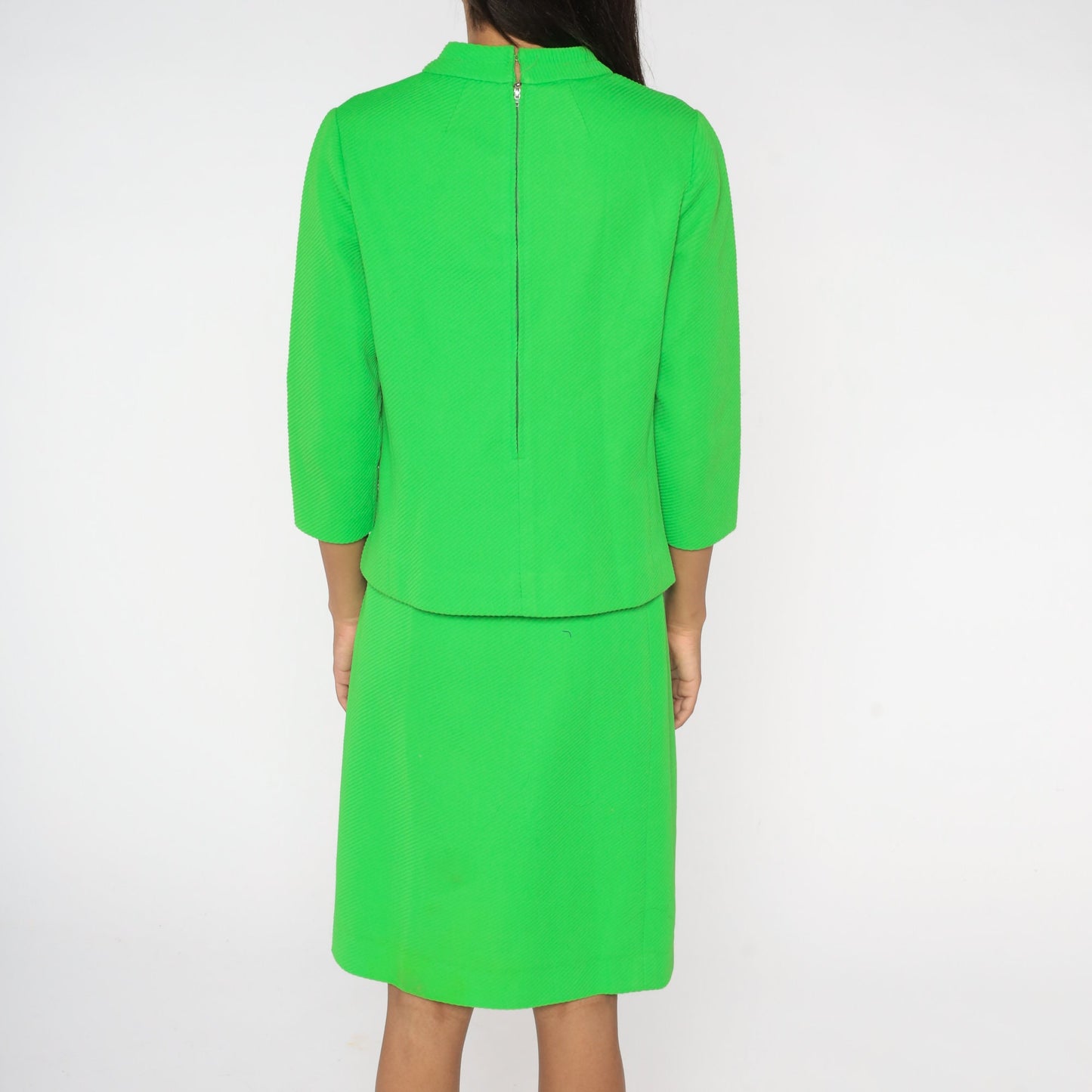 60s Neon Lime Green Mod Two Piece Dress Suit Cowl Neck Top Pencil Skirt Small