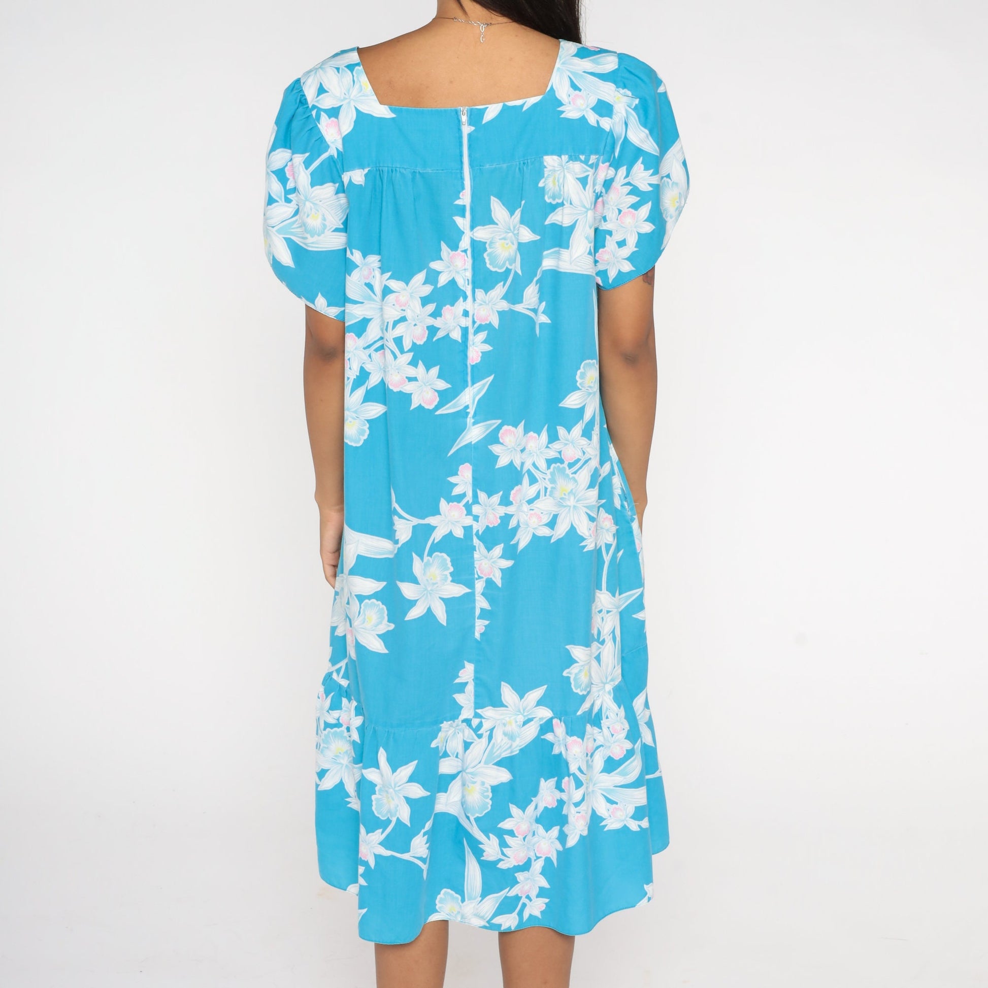 90s Hawaiian Tropical Floral Midi Dress Blue Tent Cut Tulip Sleeve Large