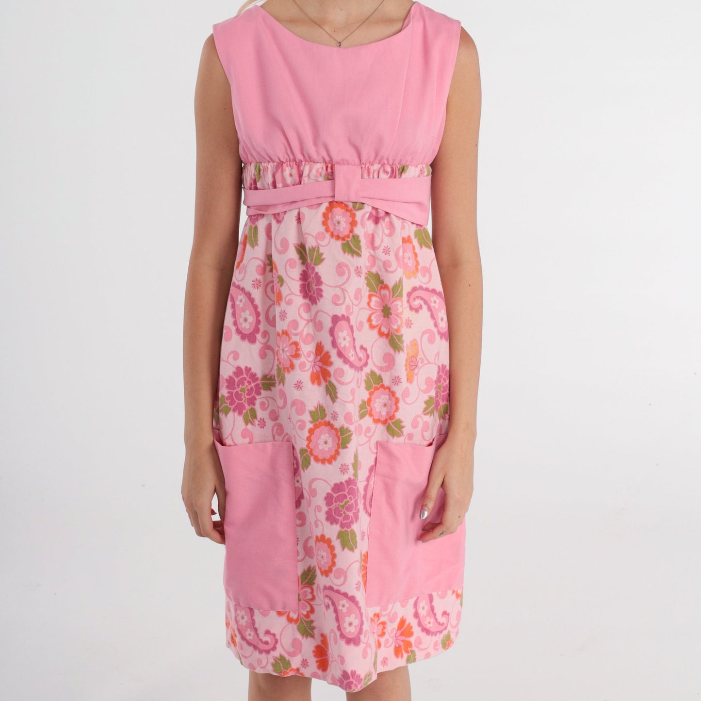 70s Pink Floral Empire Waist Mini Dress Sleeveless Tie Belt Pockets XS