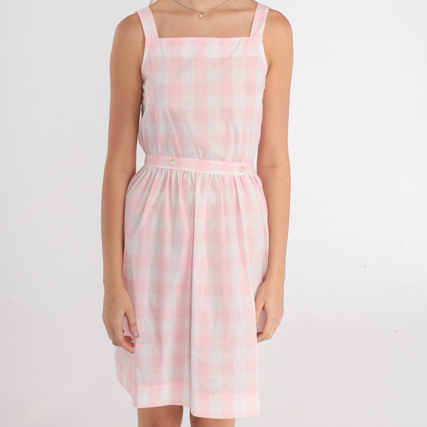 80s Pink Gingham Mini Sundress Sleeveless High Waist Pinafore Extra Small