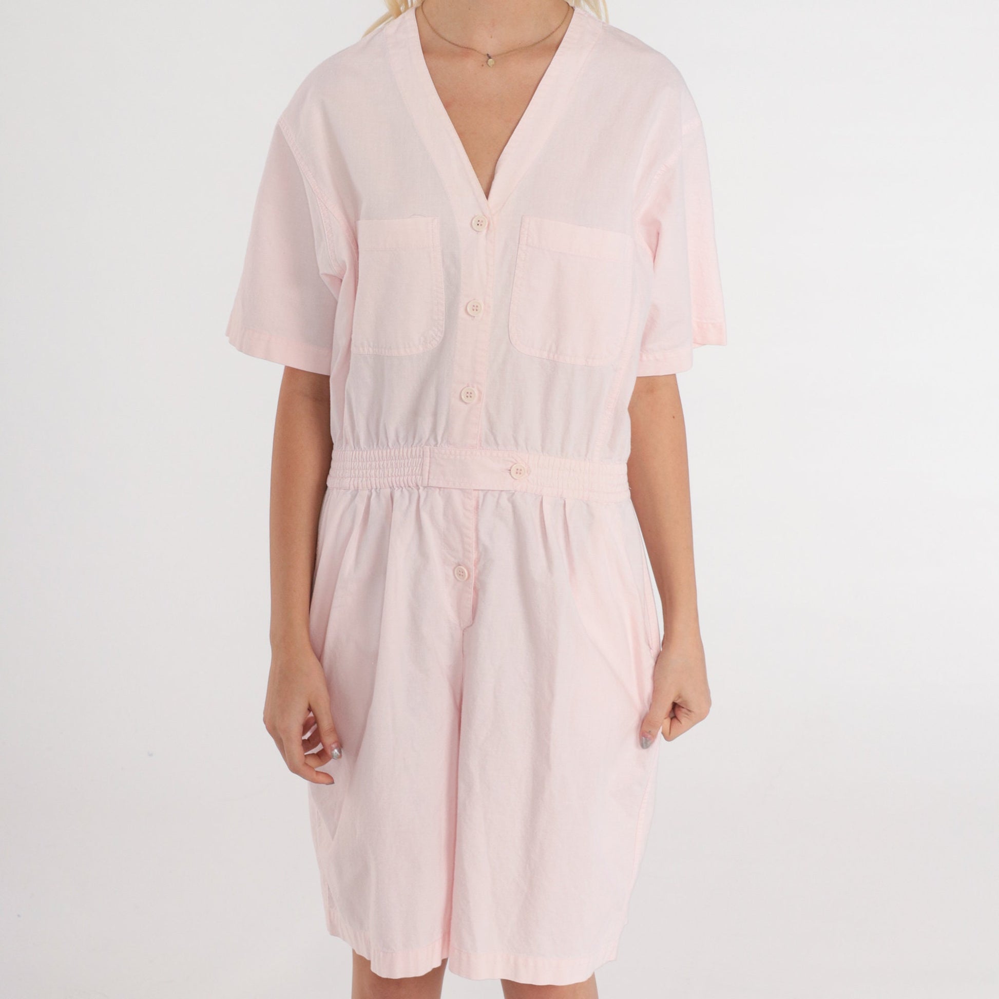 90s Baby Pink Cotton Romper Button-Up V-Neck Chest Pockets Medium