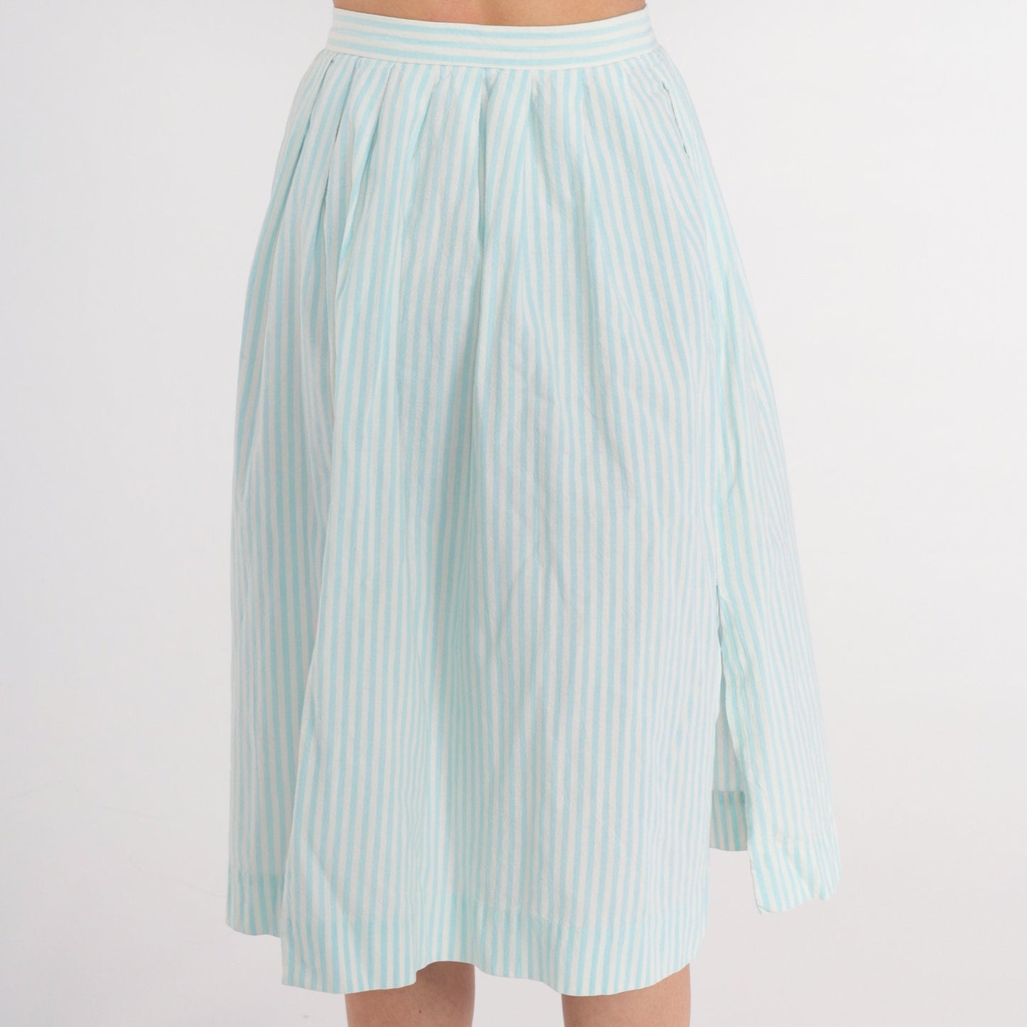 80s Striped Midi Skirt Baby Blue White Pinstripe Pleated High Waist Cotton Extra Small