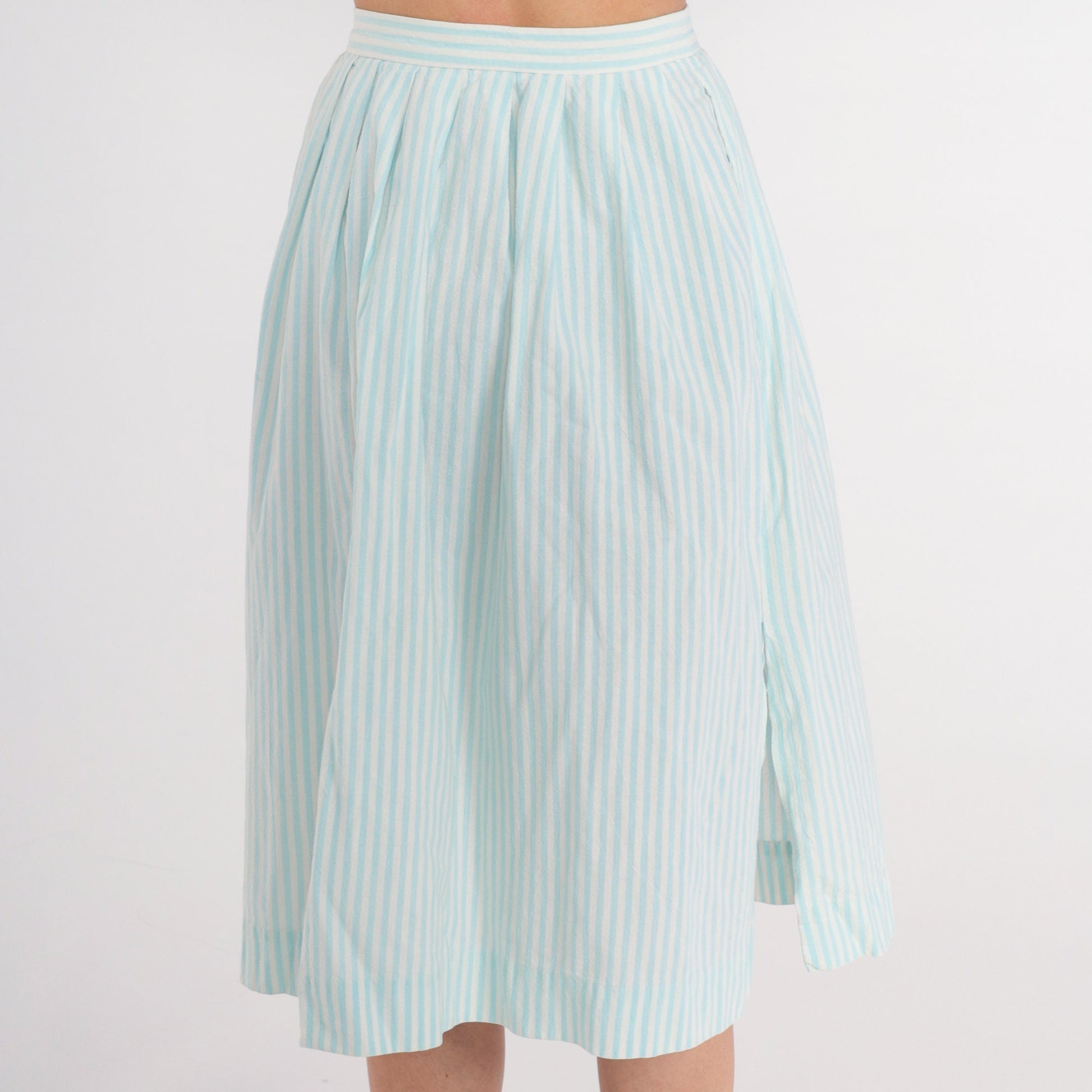 80s Striped Midi Skirt Baby Blue White Pinstripe Pleated High Waist Cotton Extra Small