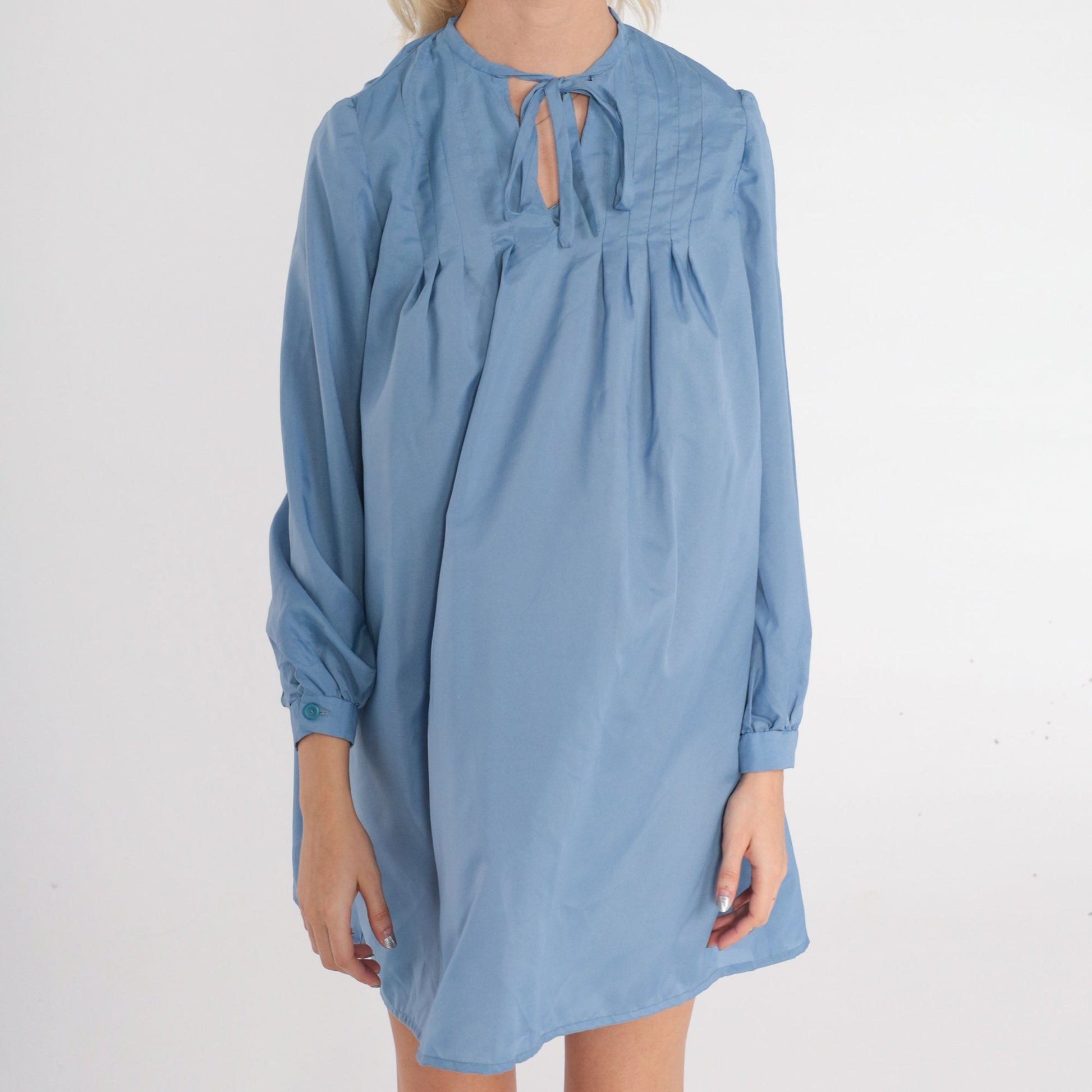 70s Blue Mini Dress Keyhole Tie Neck Long Sleeve Tent Cut Medium