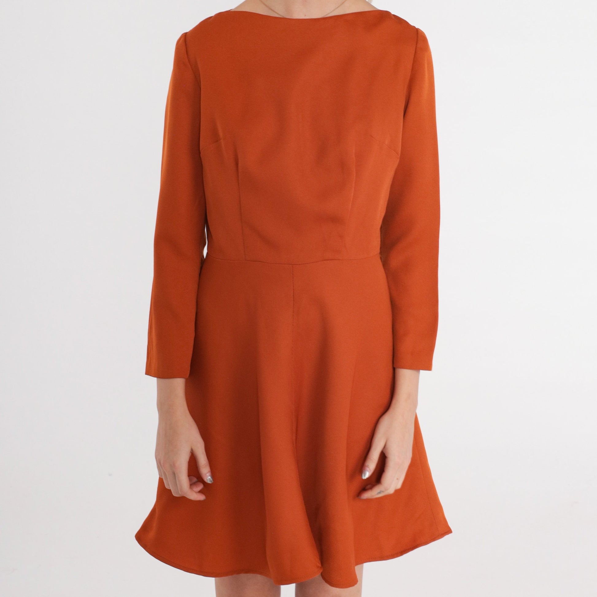 70s Burnt Orange Mini Dress Boat Neck Long Sleeve Flared Small