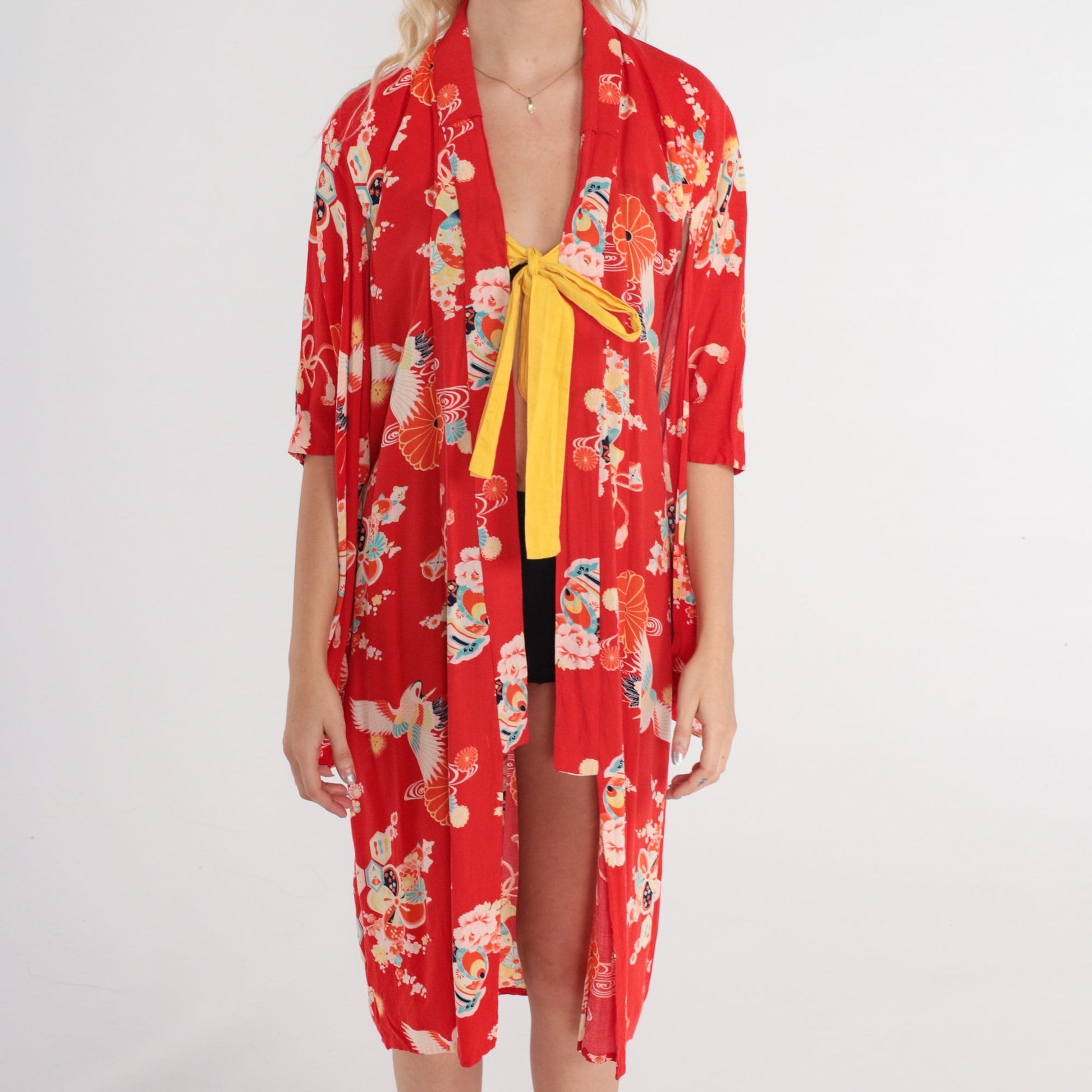 80s Red Floral Kimono Robe Midi Crane Print Tie Front Medium