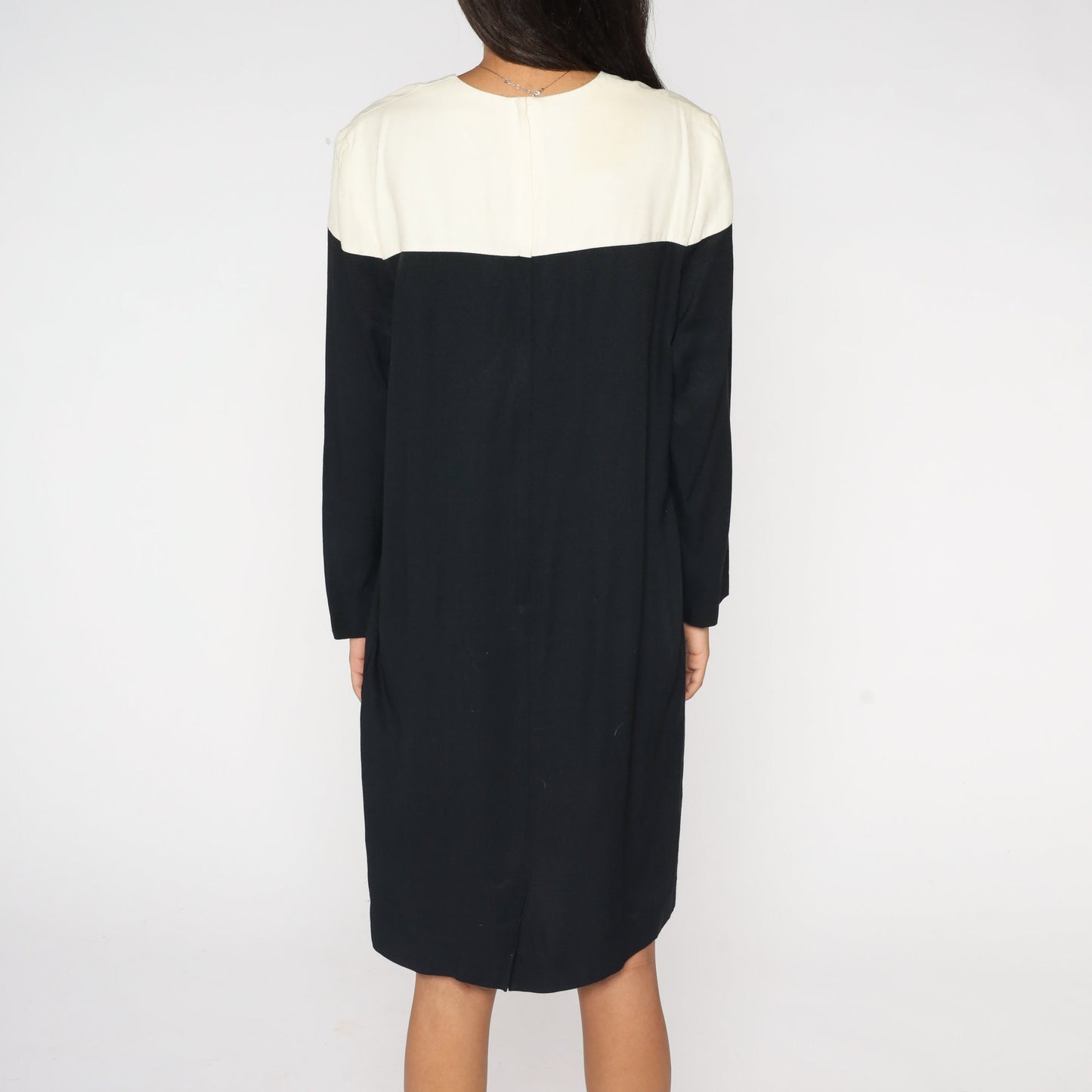 80s Color Block Shift Dress Black White Midi Long Sleeve Medium