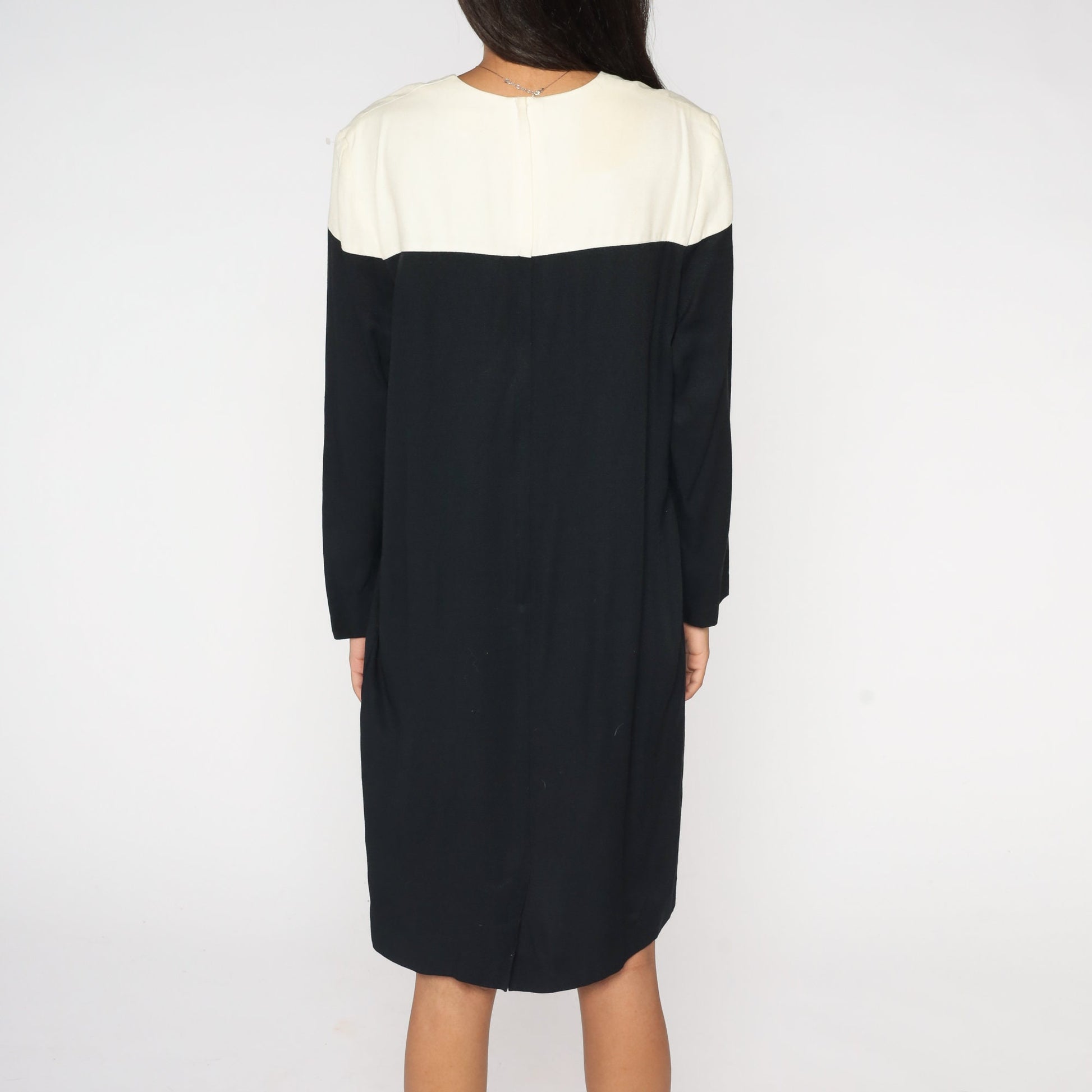 80s Color Block Shift Dress Black White Midi Long Sleeve Medium