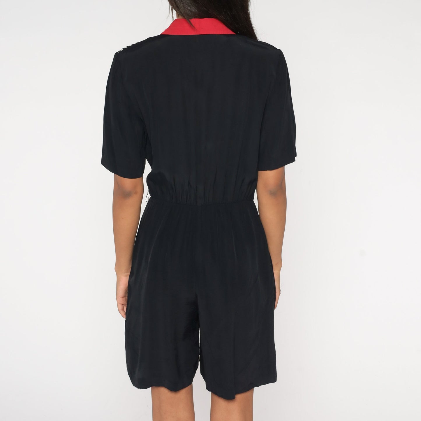 90s Black Striped Wrap V-Neck Romper Red White Trim Short Sleeve Small S