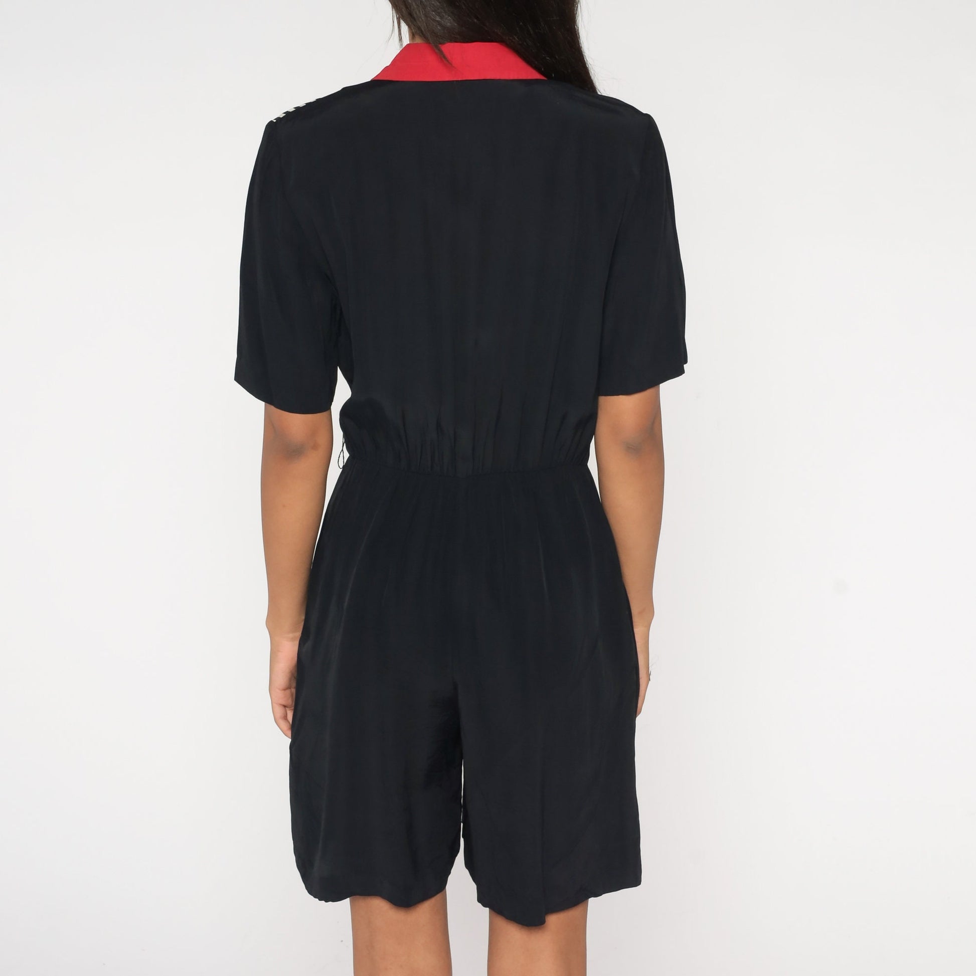 90s Black Striped Wrap V-Neck Romper Red White Trim Short Sleeve Small S