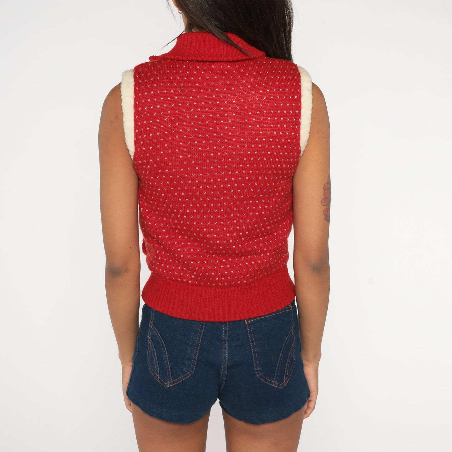 80s Fair Isle Fleece Vest Red Nordic Zip-Up Shearling Lining Extra Small