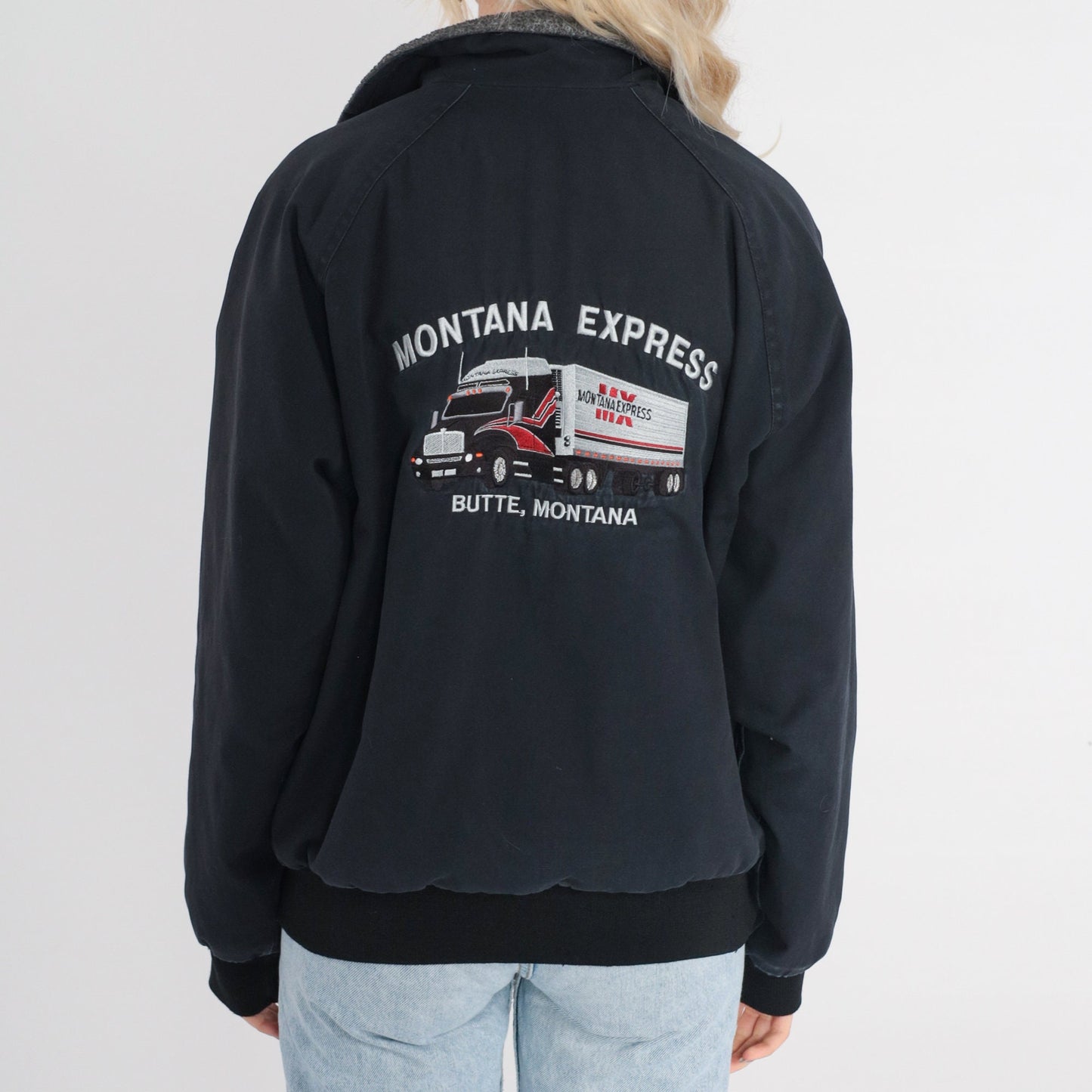 90s Montana Express Trucker Jacket Black Fleece Lined Windbreaker Small