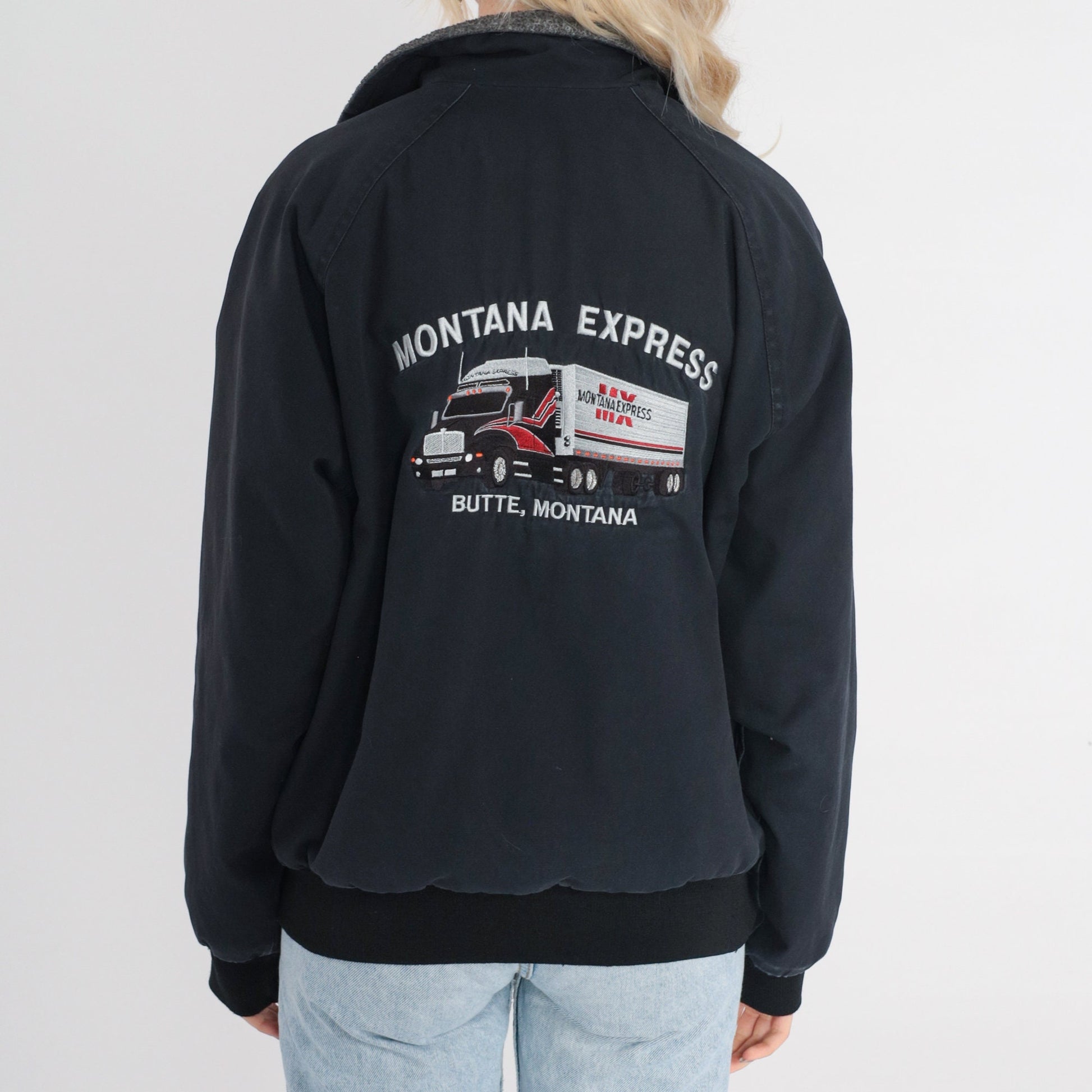 90s Montana Express Trucker Jacket Black Fleece Lined Windbreaker Small