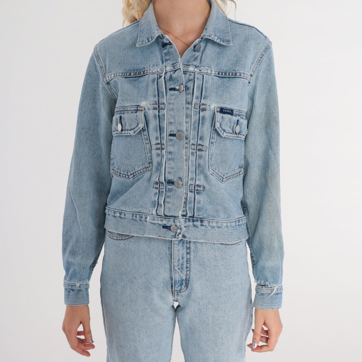 Guess Y2K Distressed Denim Jacket Cropped Blue Medium M