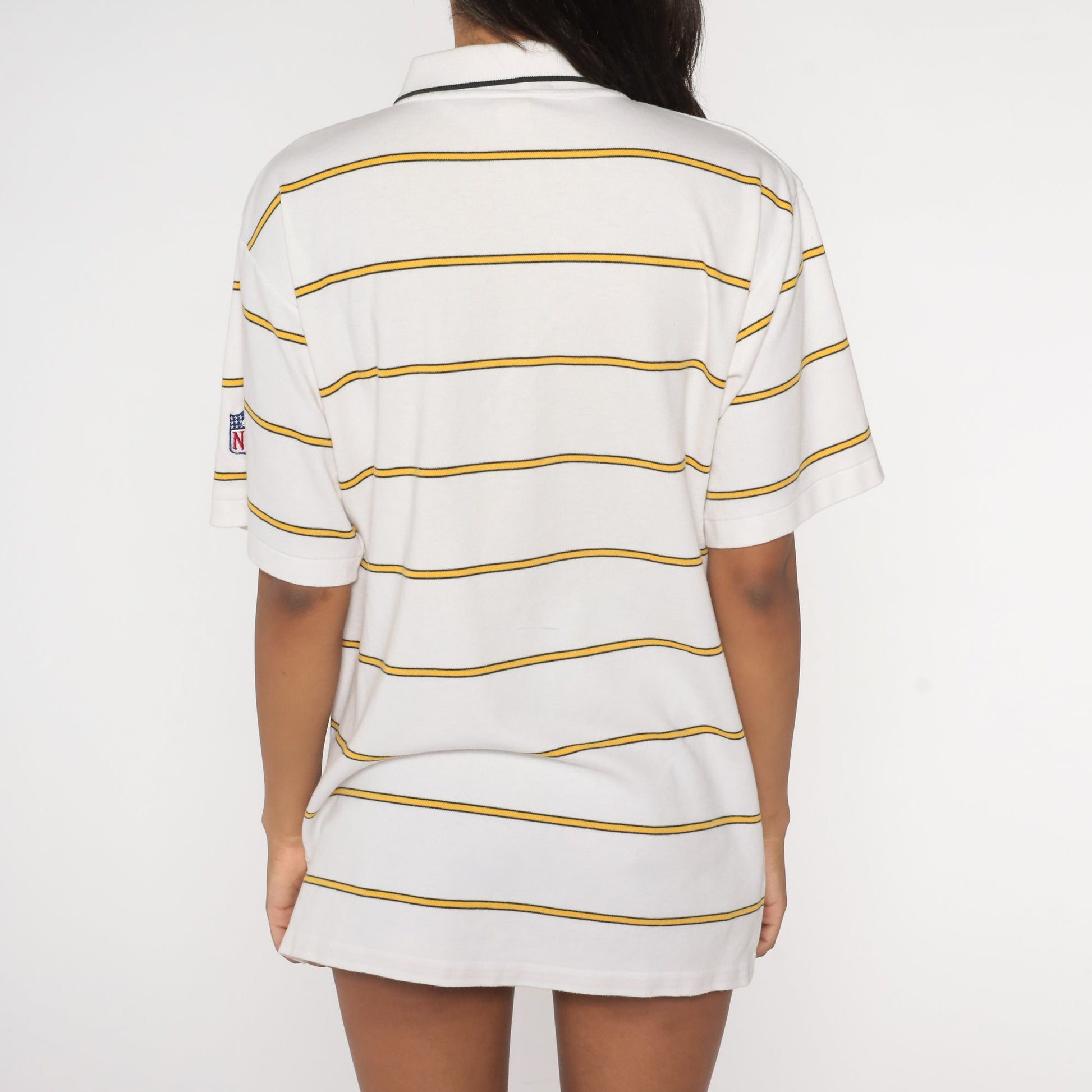 90s Pittsburgh Steelers Polo Shirt White Yellow Striped NFL Logo Extra Large XL