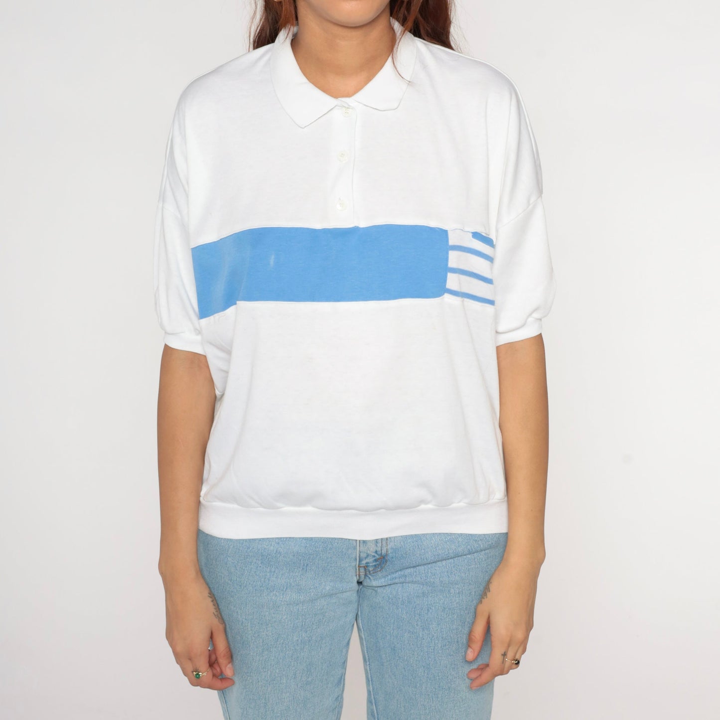 90s Catalina Striped Collared Shirt White Blue Banded Hem Large