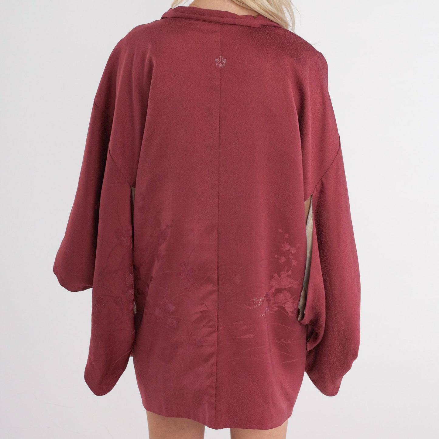 70s Berry Silk Kimono Jacket Floral Embossed Open Front Small