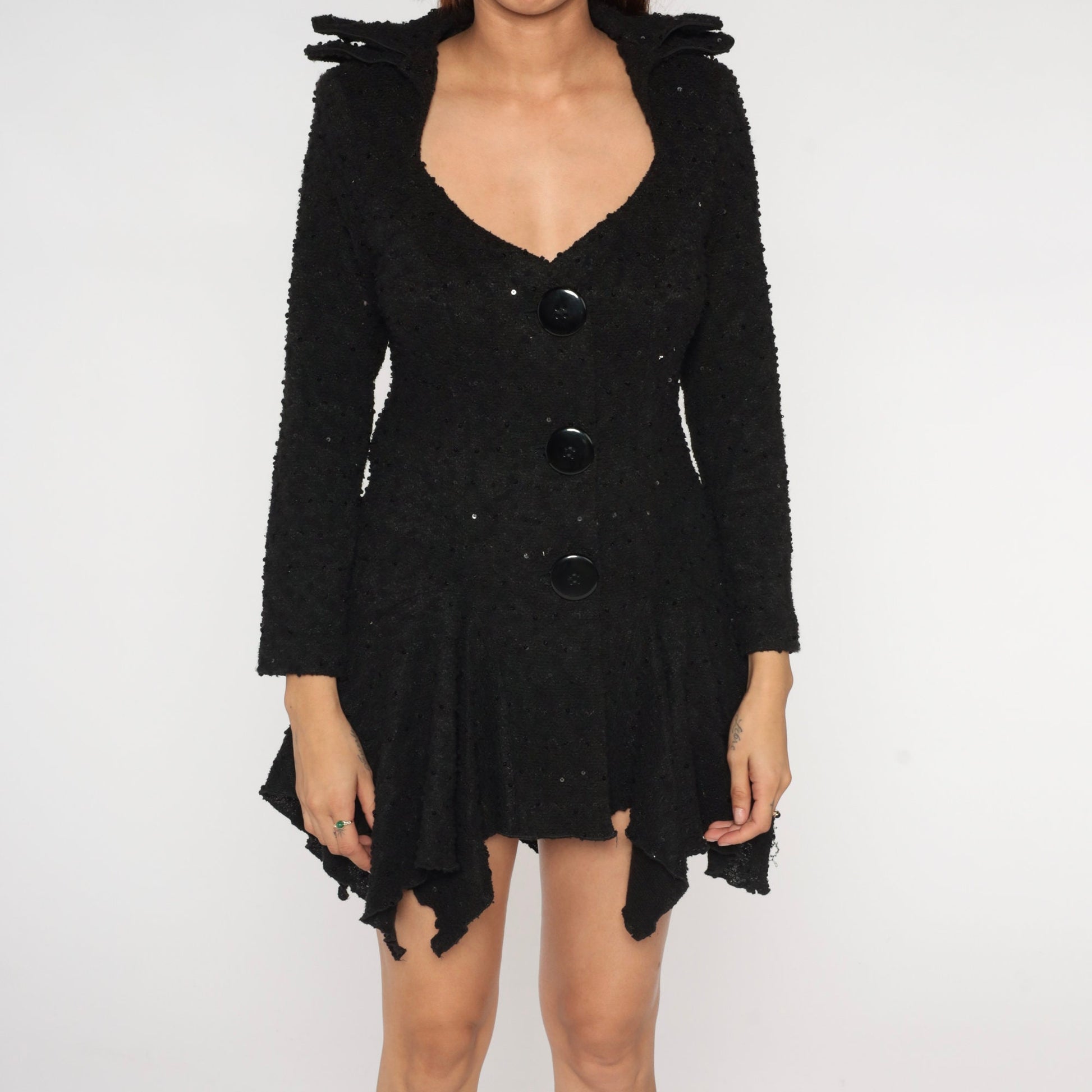 Y2K Black Sequin Knit Jacket High Low Plunge Button Up Extra Small XS