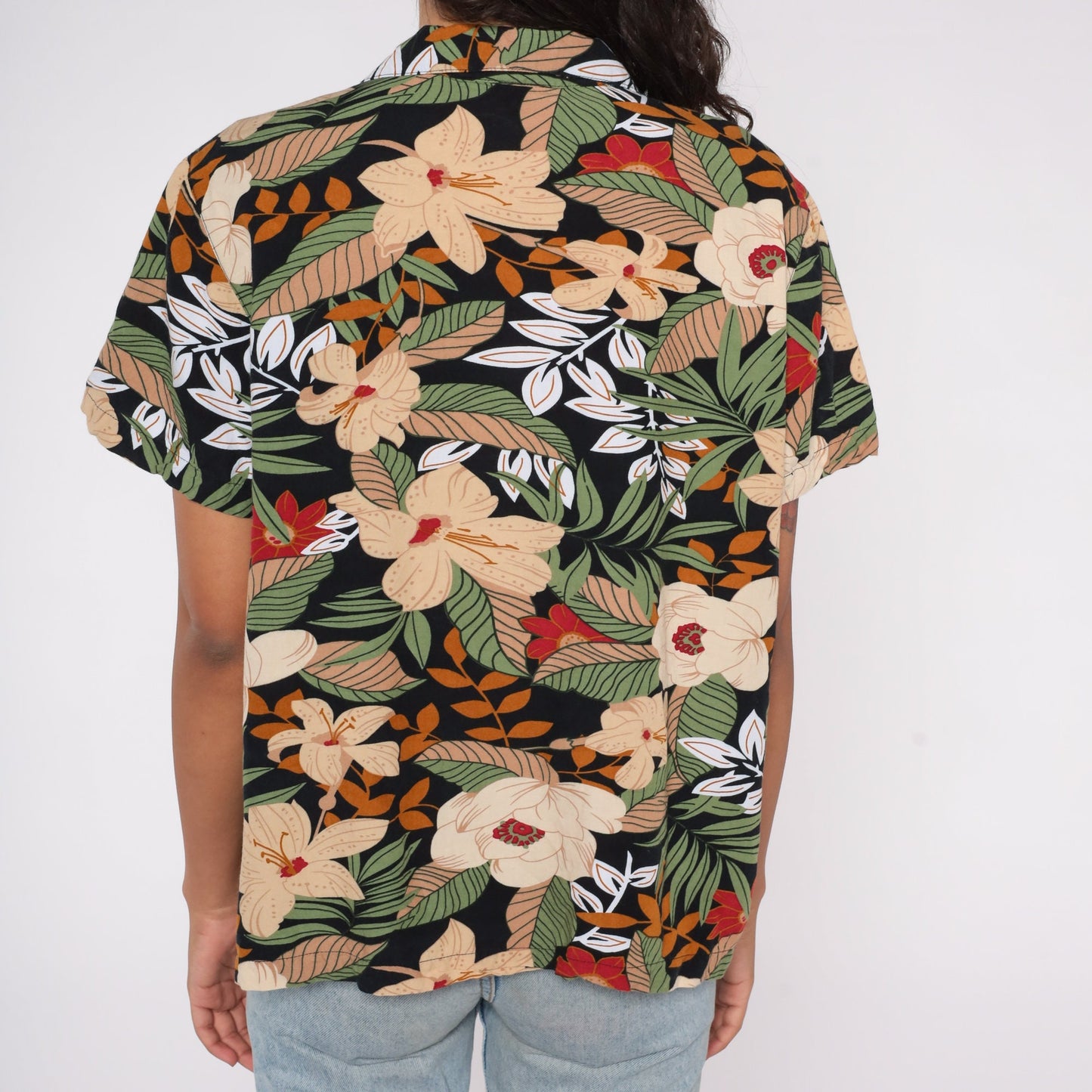 90s Tropical Floral Button Up Blouse Tan Leaf Print Short Sleeve Large L