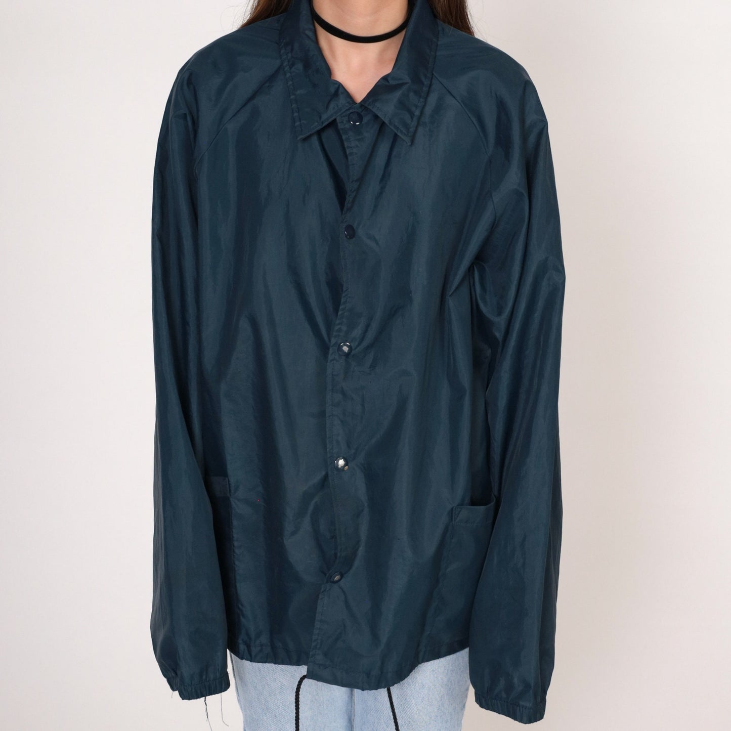 80s Kuether Distributing Co Windbreaker Jacket Navy Nylon Snap Raglan Large L
